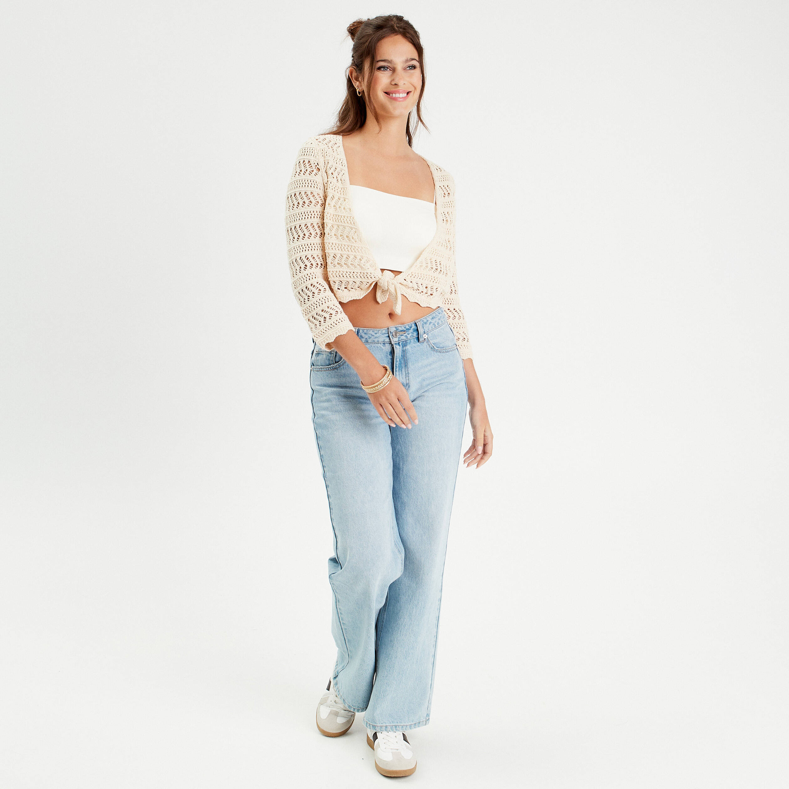 Gilet manches 3/4 ajour&eacute; ecru femme