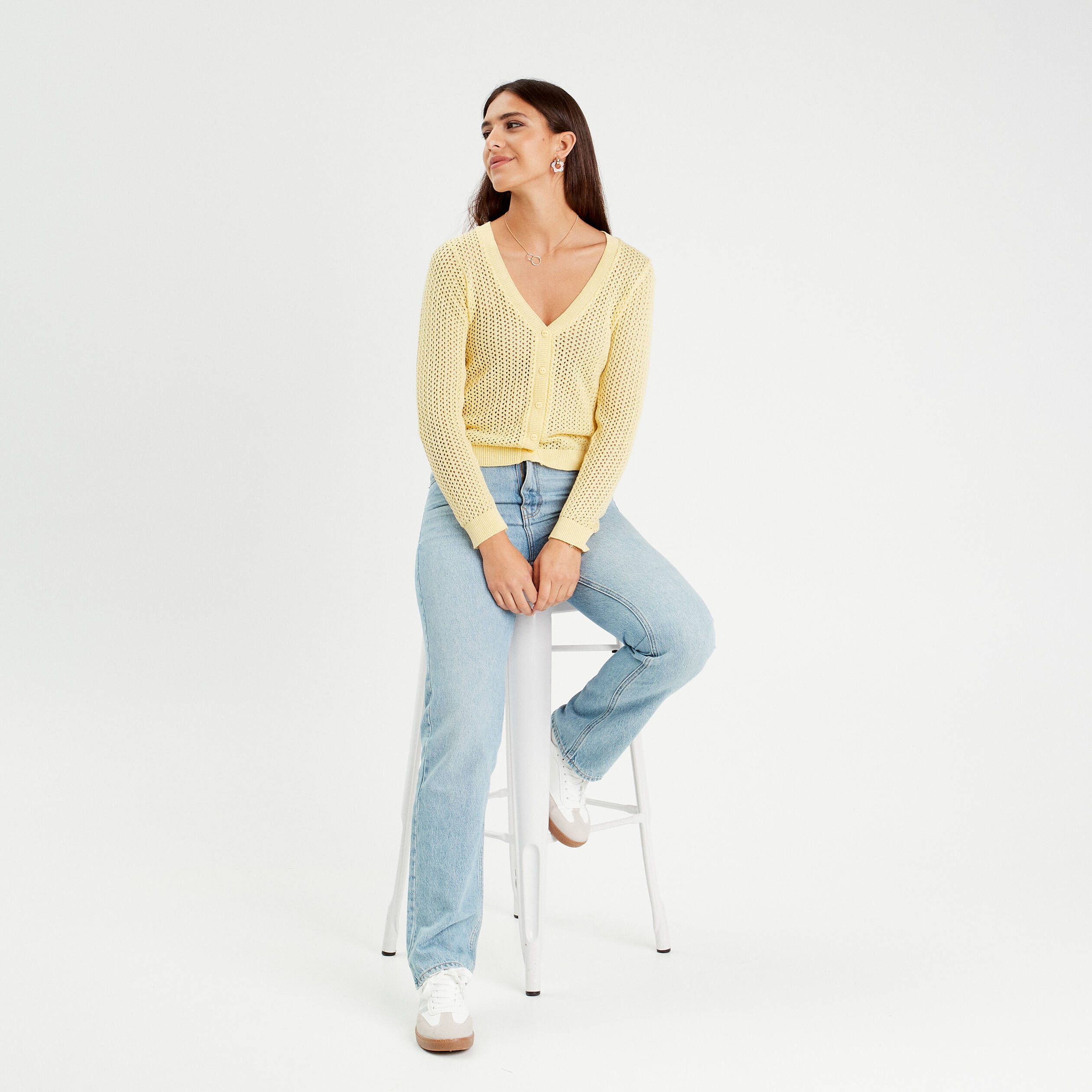 gilet manches longues ajoure jaune moutarde femme Gilet manches longues ajouré jaune moutarde femme