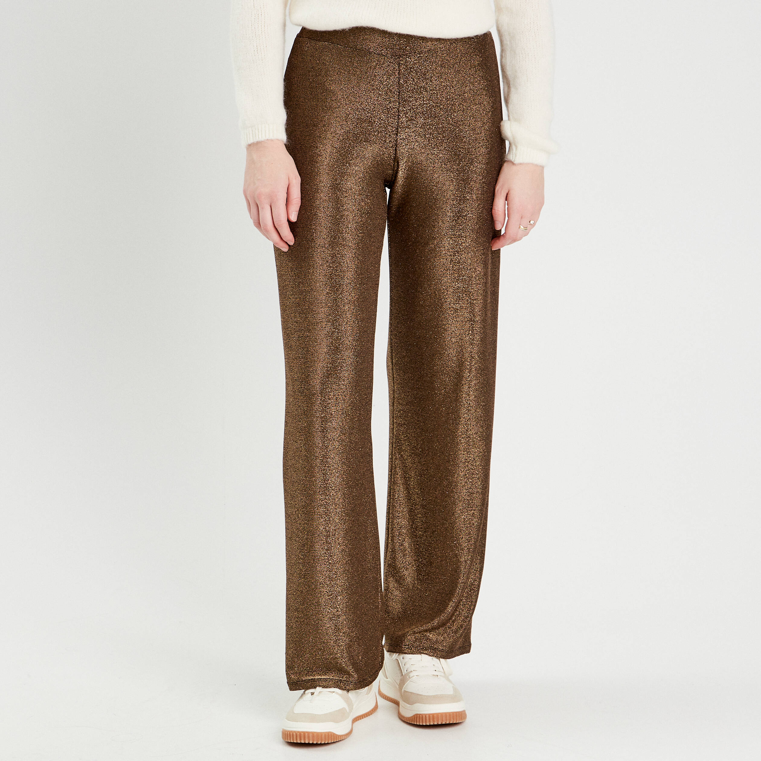 Pantalon large fils m&eacute;tallis&eacute;s couleur or femme