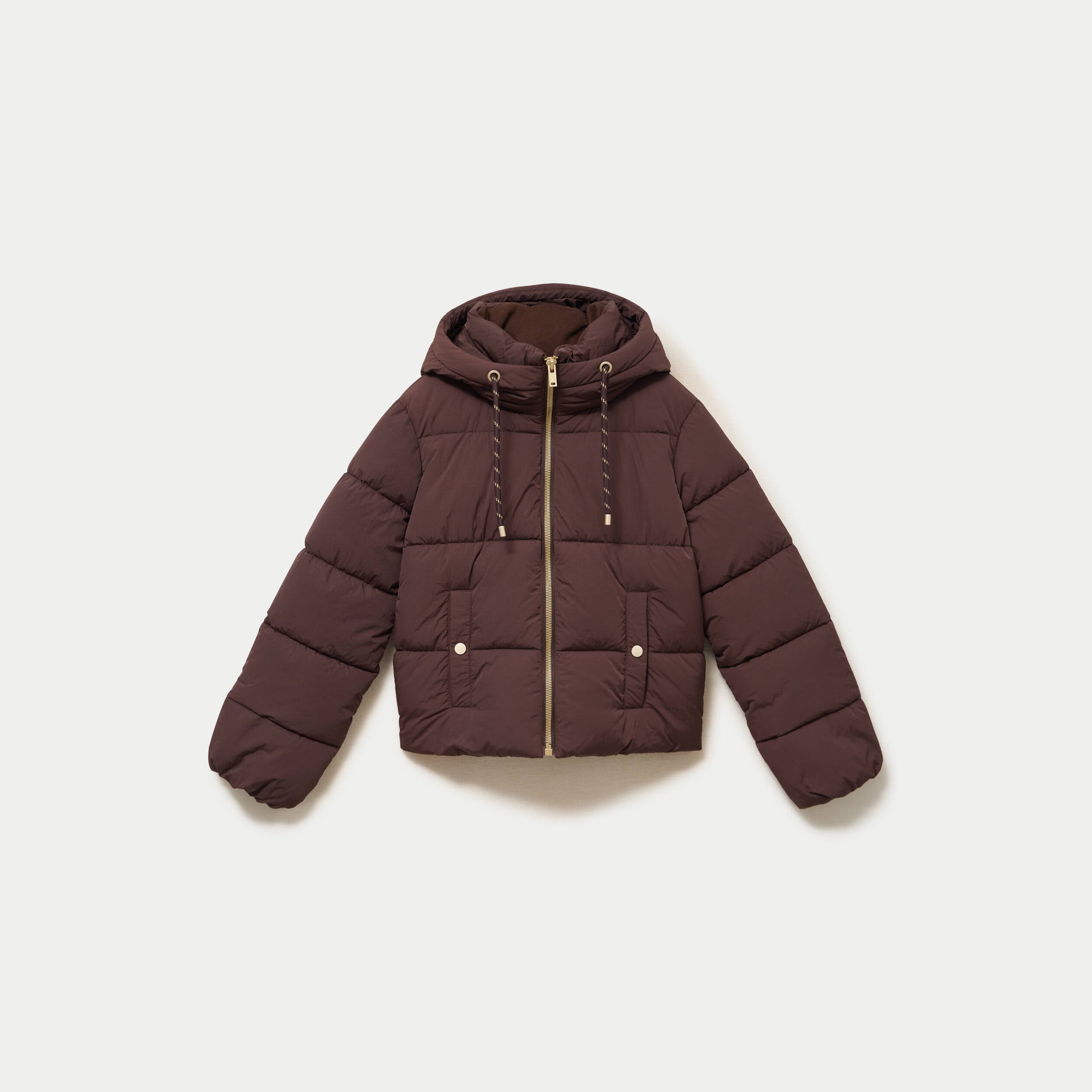 Doudoune droite cropped &agrave; capuche marron fonc&eacute; femme