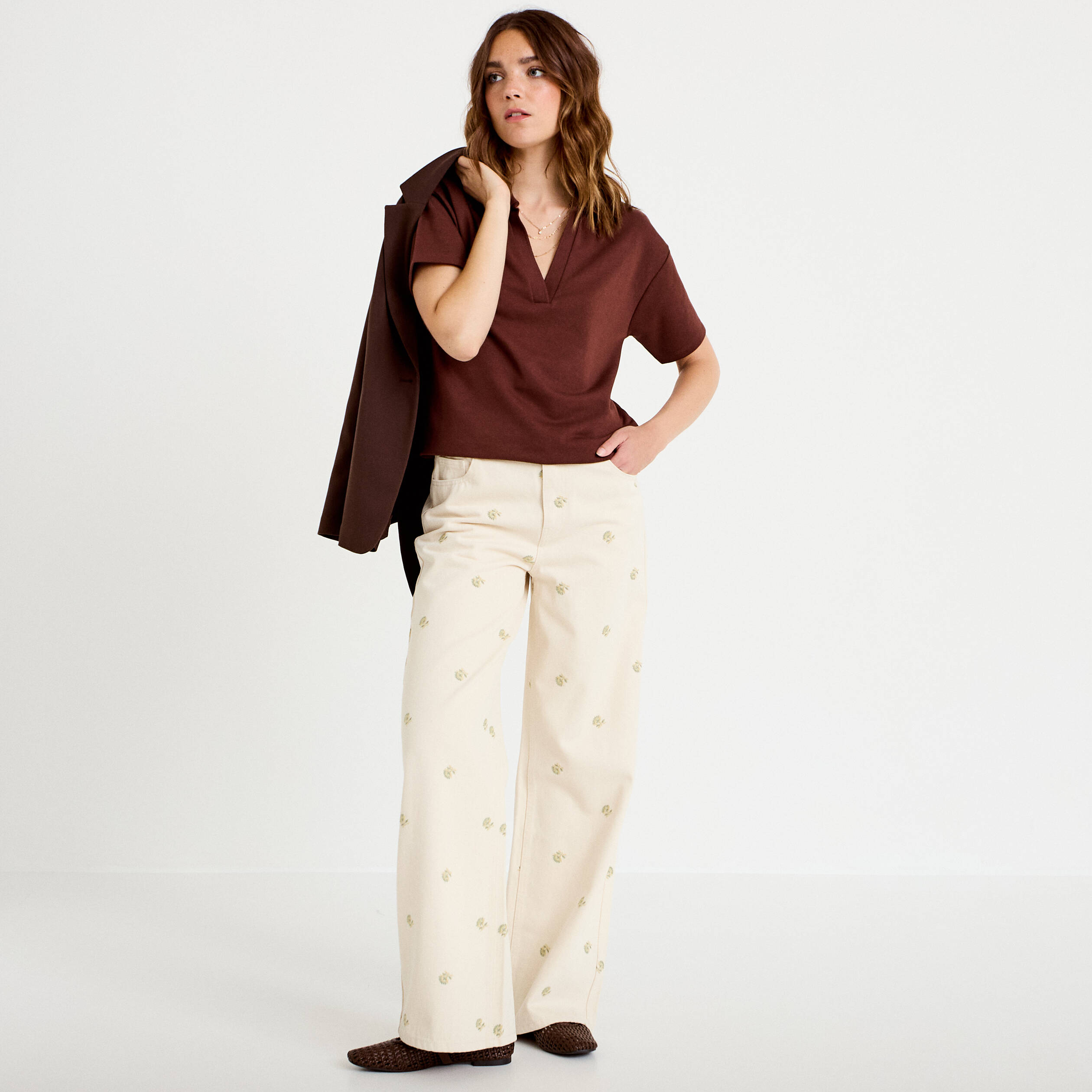 Jean wide leg taille haute brod&eacute; denim blanc femme
