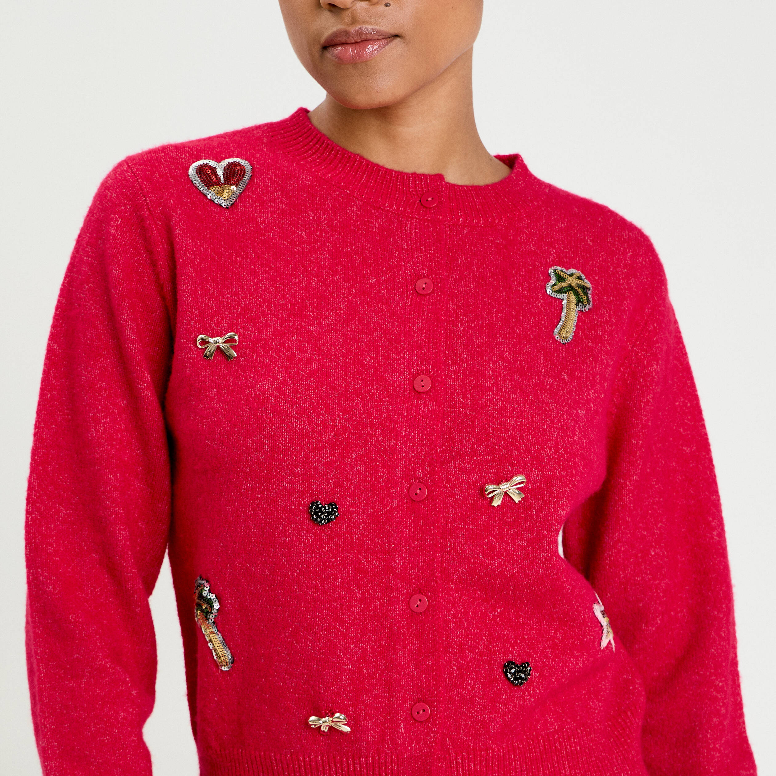 Gilet col rond manches longues rouge clair femme