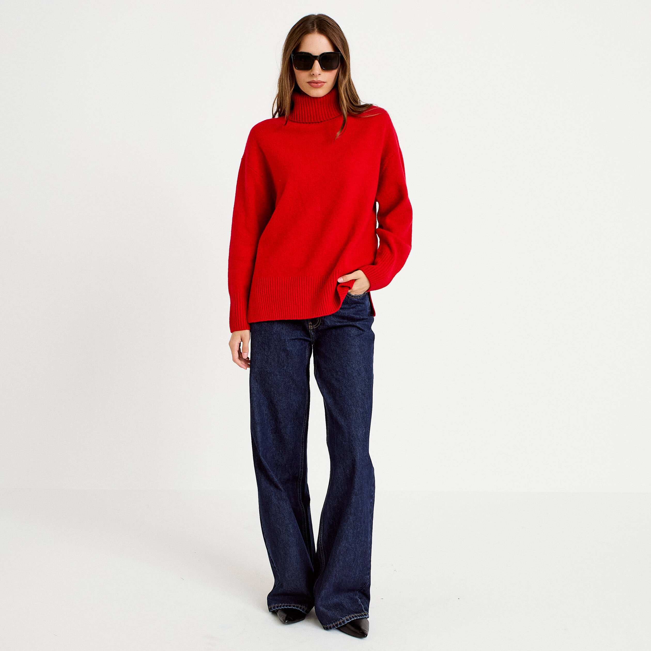 Pull col roul&eacute; manches longues rouge femme