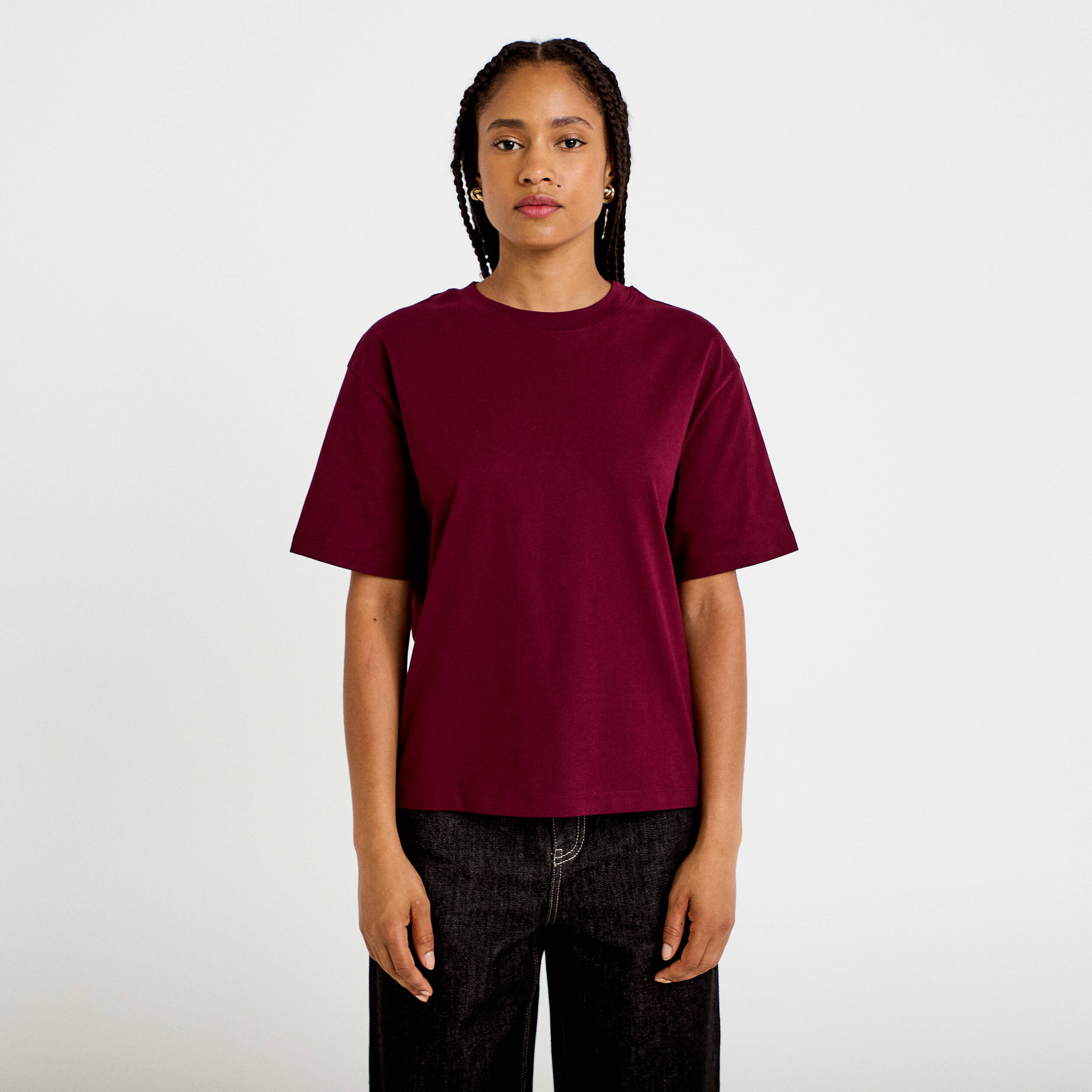T-shirt col rond manches courtes bordeaux femme