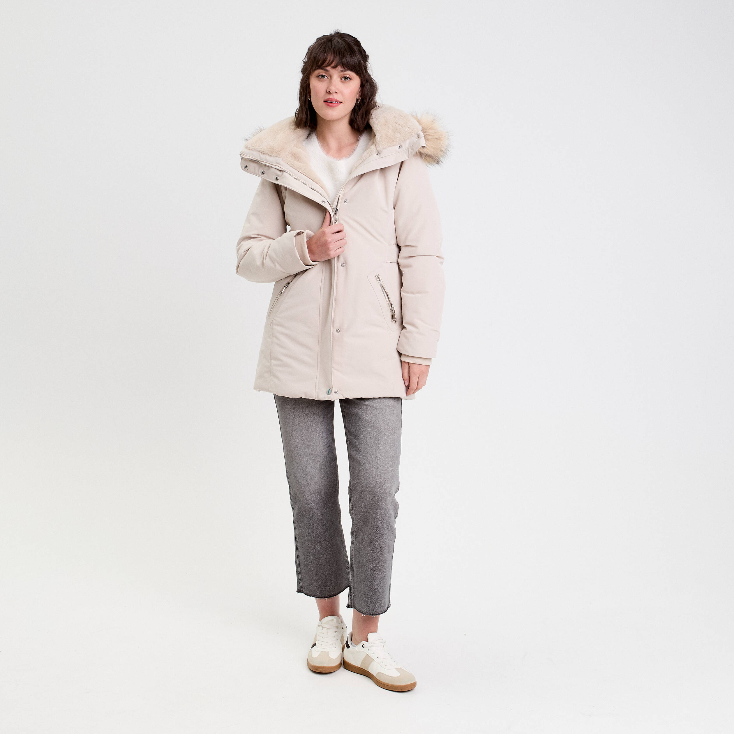Parka &agrave; capuche fausse fourrure ecru femme