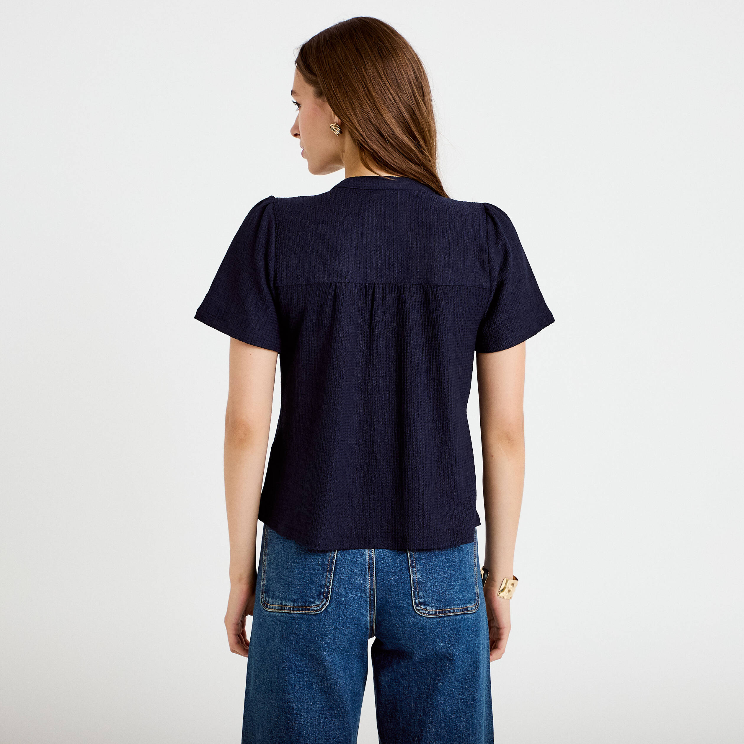 Blouse plastron brod&eacute; manches courtes bleu marine femme