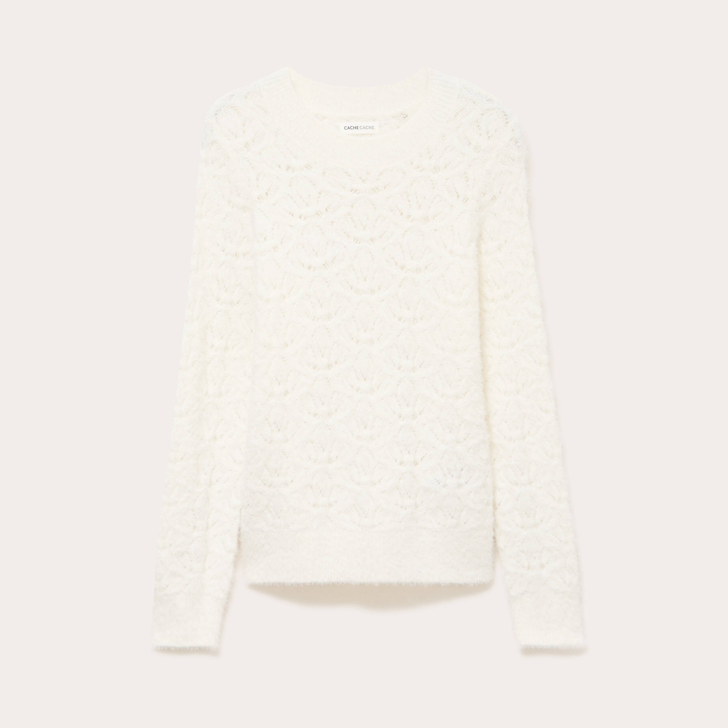 Pull ajour&eacute; col rond manches longues ecru femme