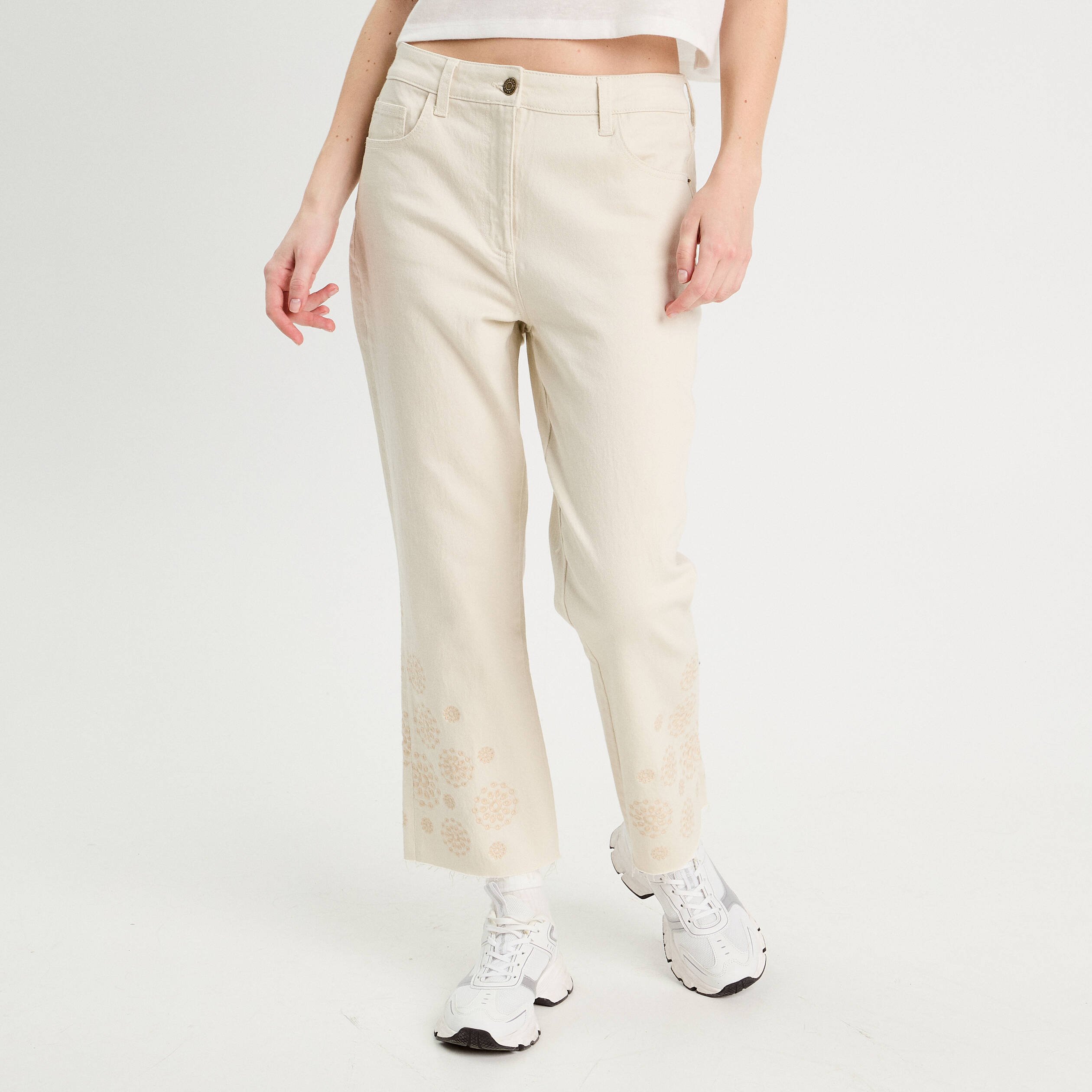 Pantalon large brodé 7/8ème ecru femme