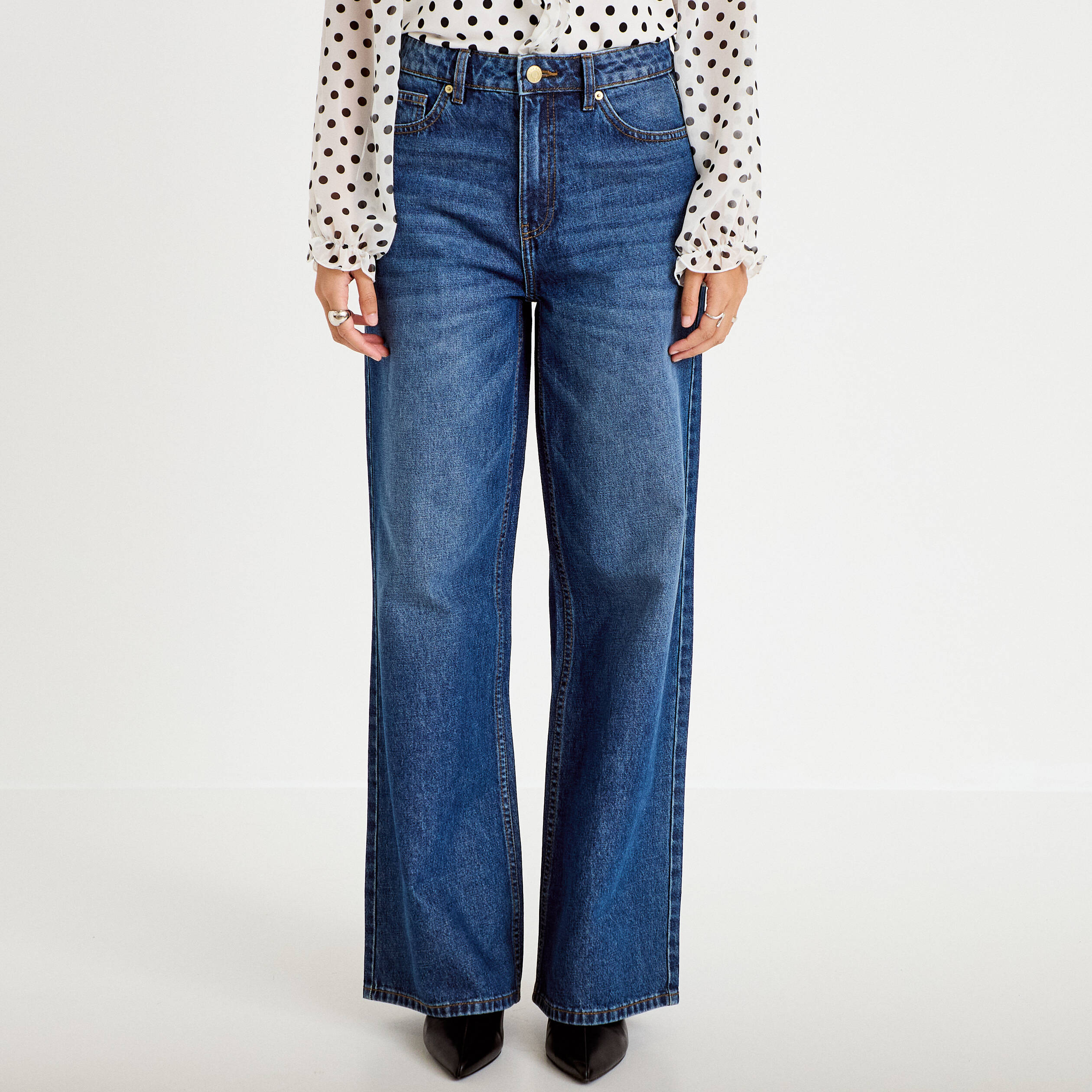 Jeans wide leg taille haute bleu fonc&eacute; femme
