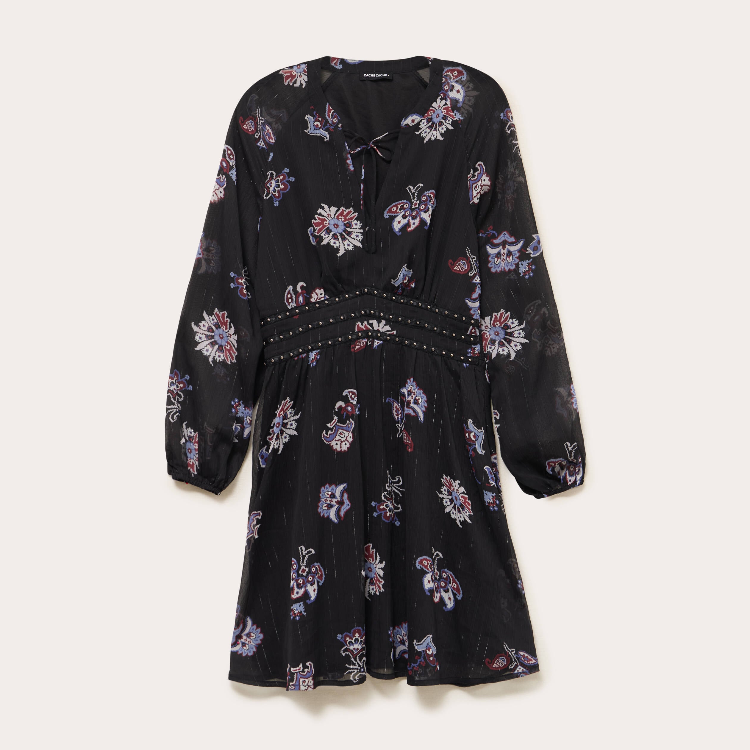 Robe courte &eacute;vas&eacute;e col v manches longues bleu fonc&eacute; femme