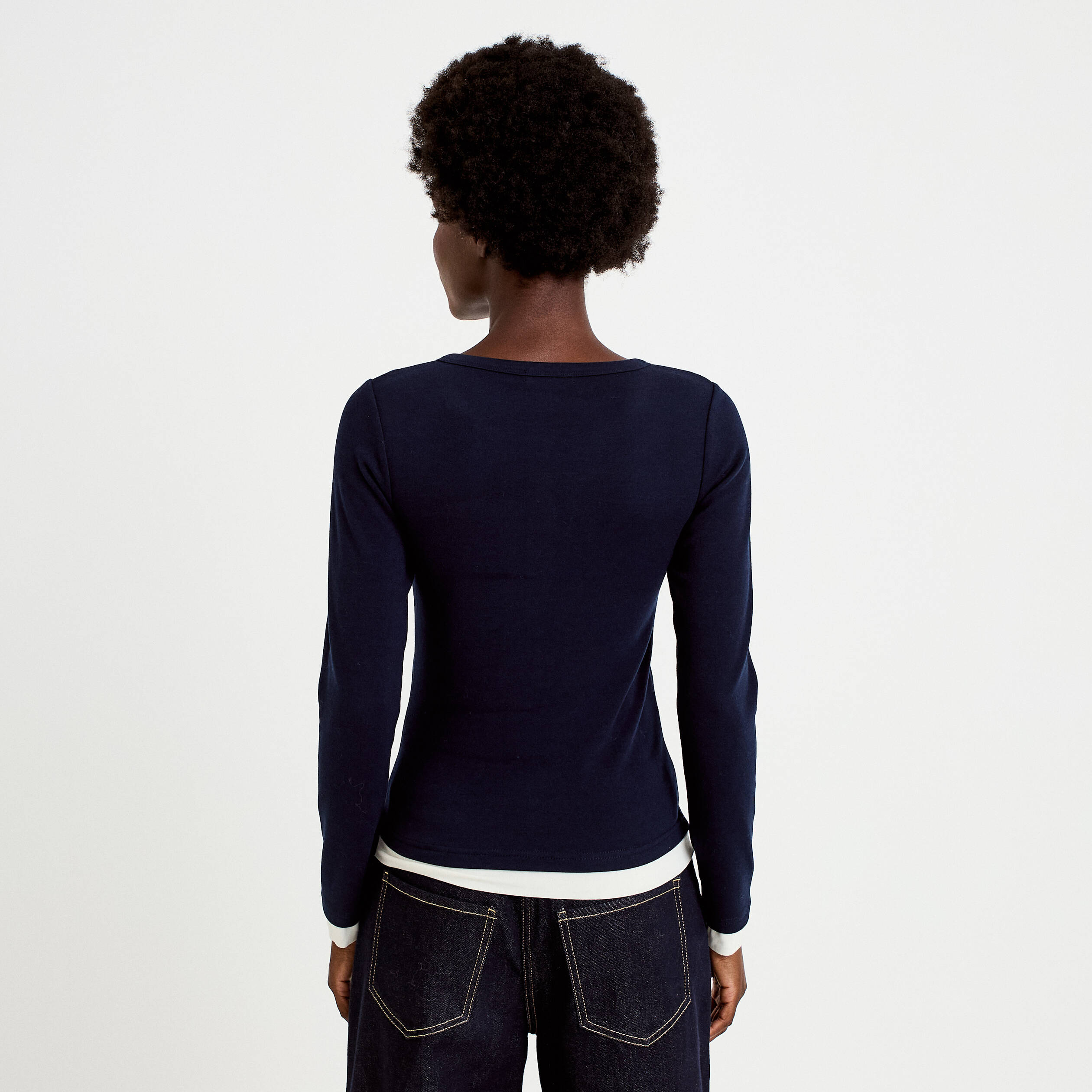 Top col rond manches longues bleu marine femme