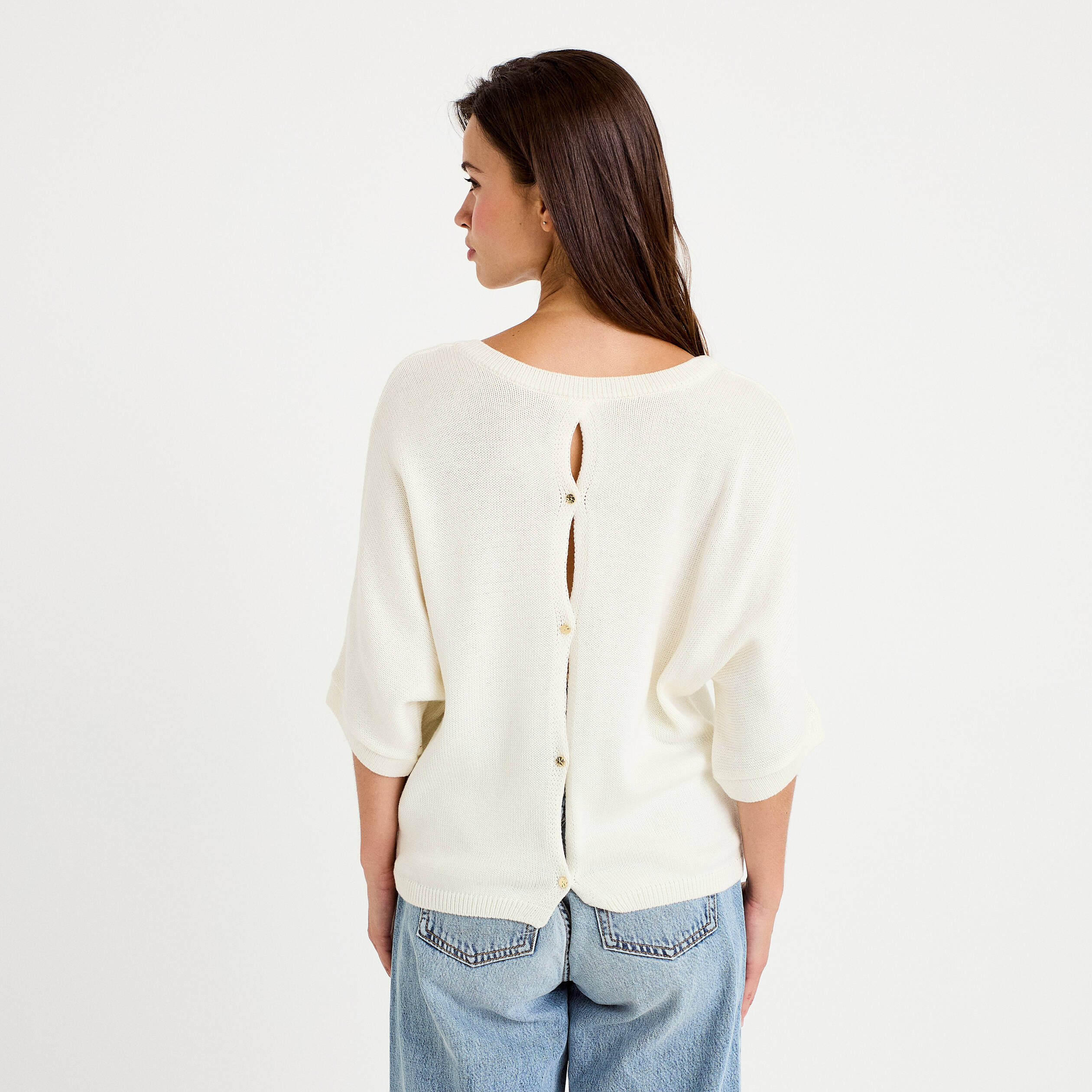 Pull ample col v manches courtes blanc femme