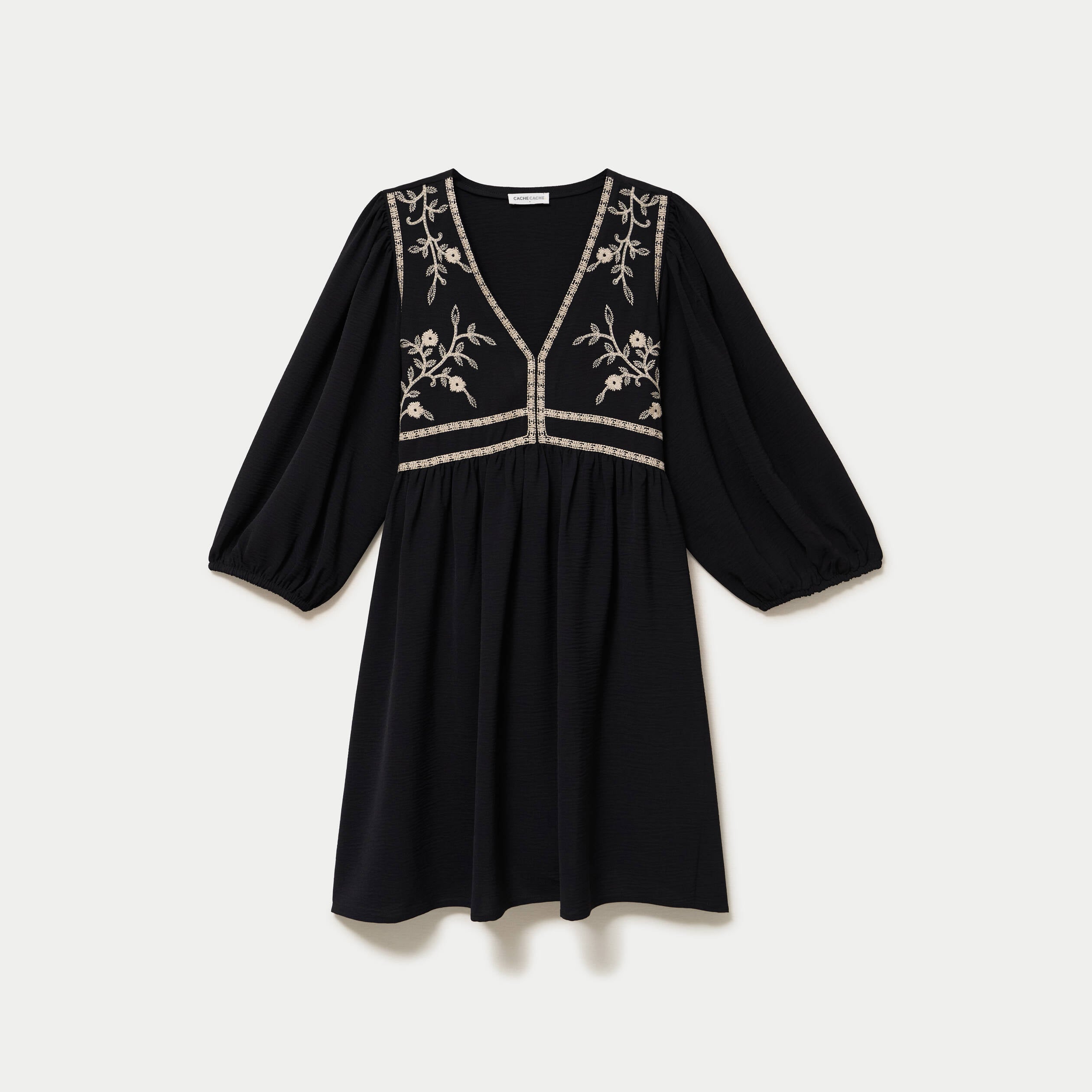 Robe droite courte col v manches 3/4 noir femme