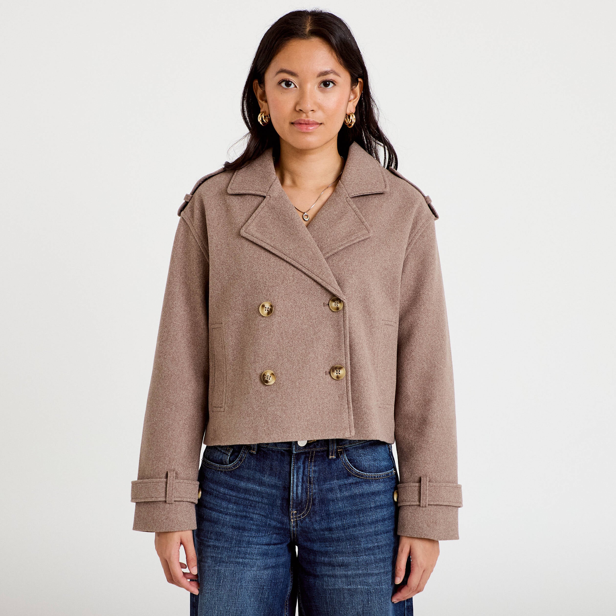 Trench droit court col tailleur taupe femme