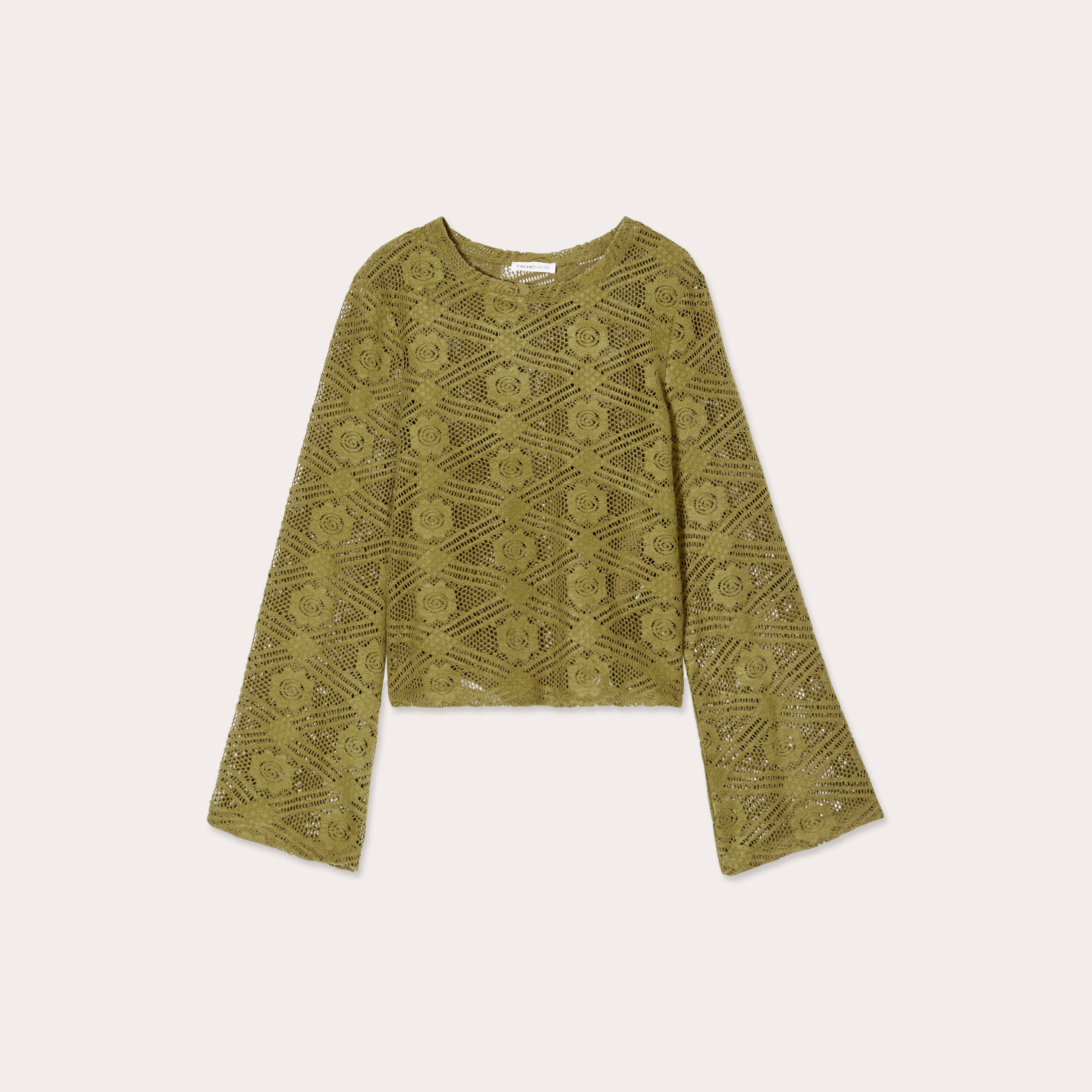 t shirt ajoure manches pagodes vert olive femme T-shirt ajouré manches pagodes vert olive femme