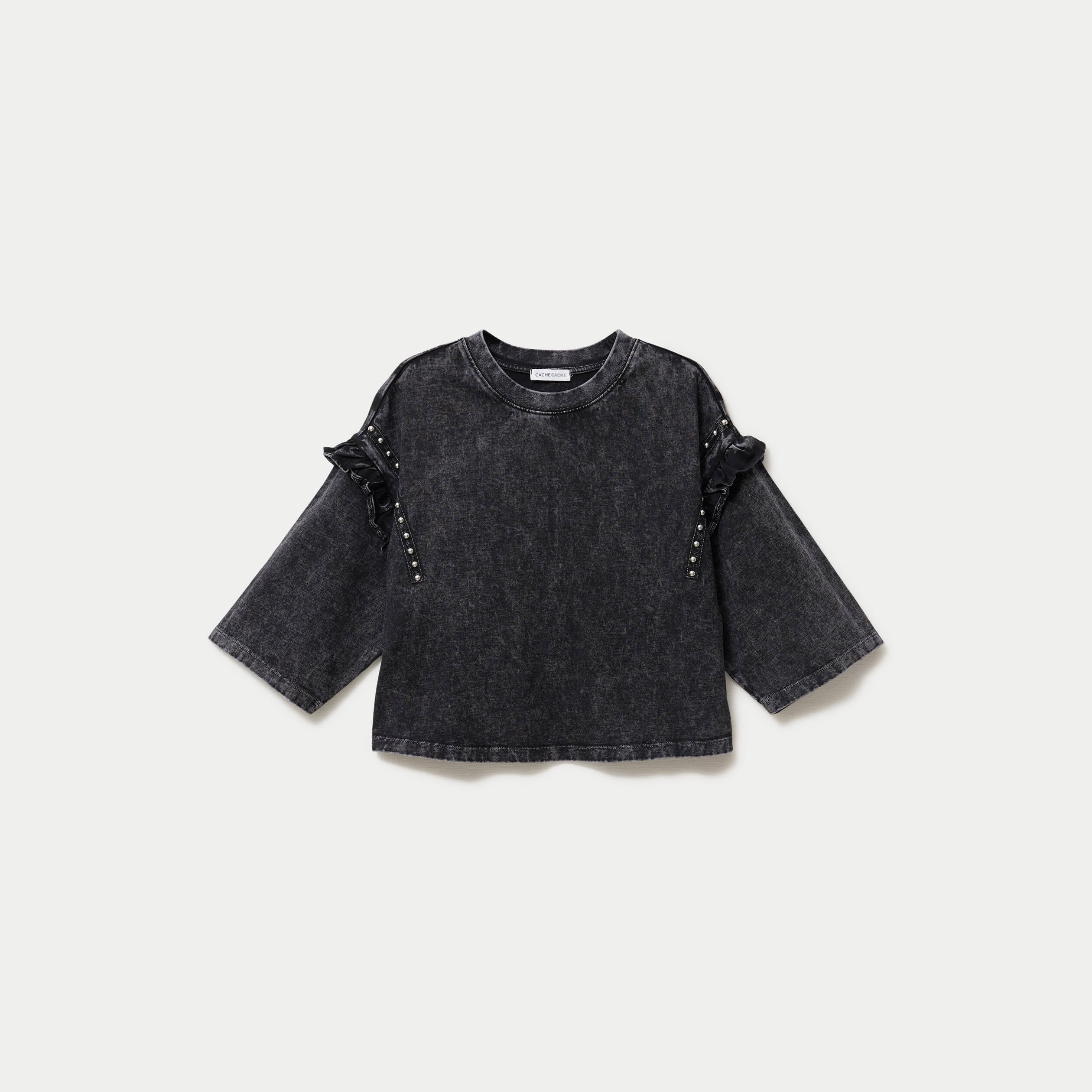 T-shirt oversize court manches longues gris fonc&eacute; femme