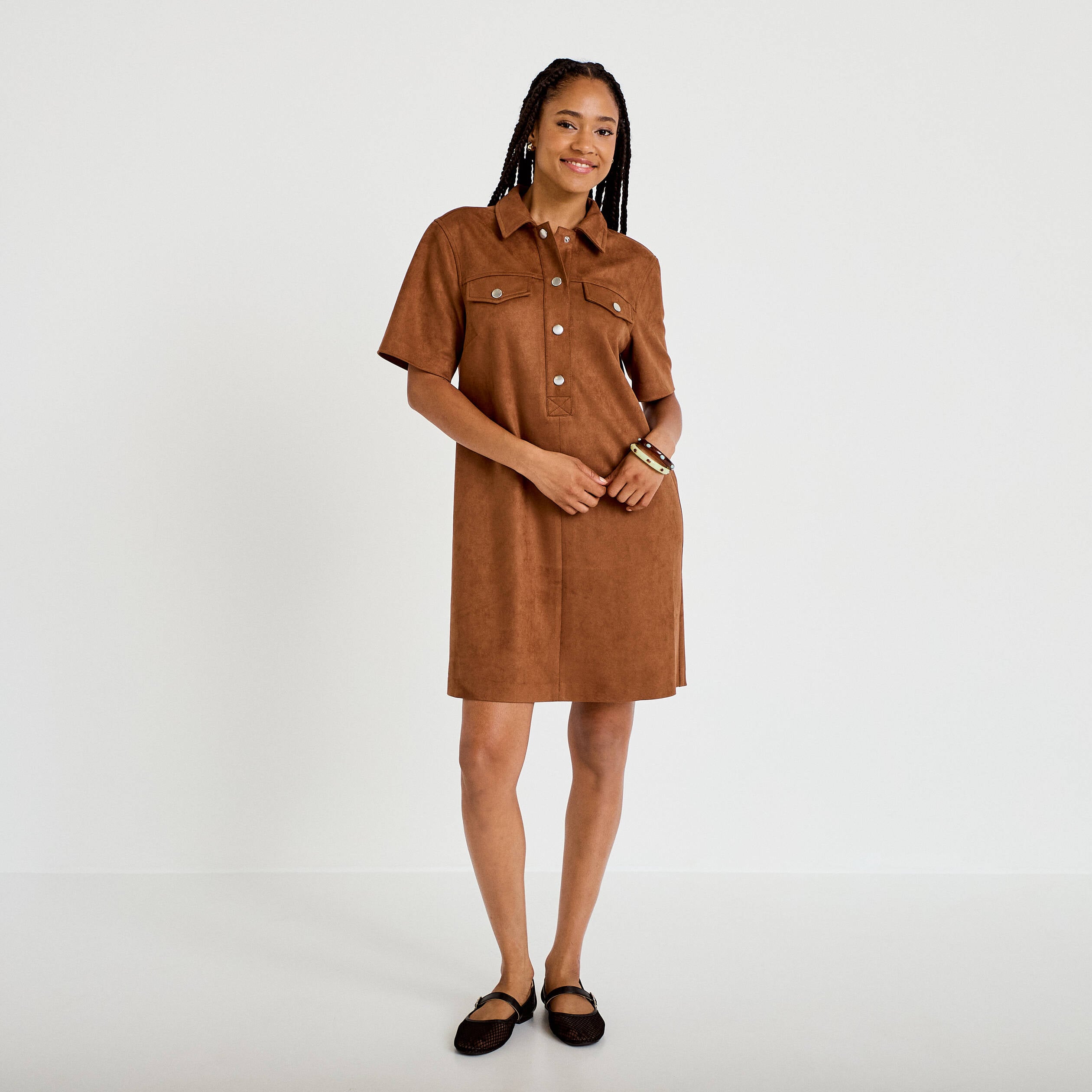 Robe droite 3/4 manches courtes daim marron femme