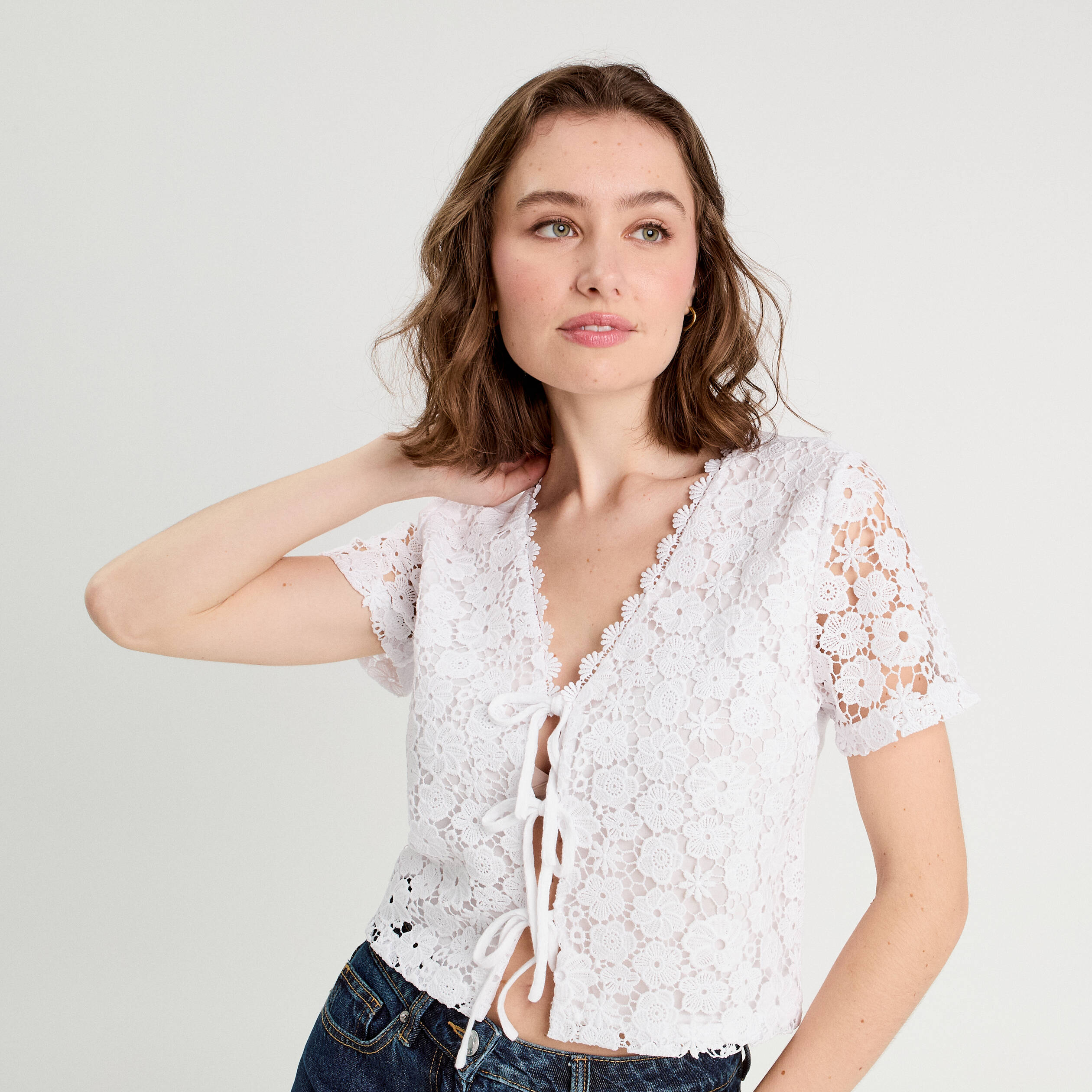 t shirt noue dentelle guipure blanc femme T-shirt noué dentelle guipure blanc femme
