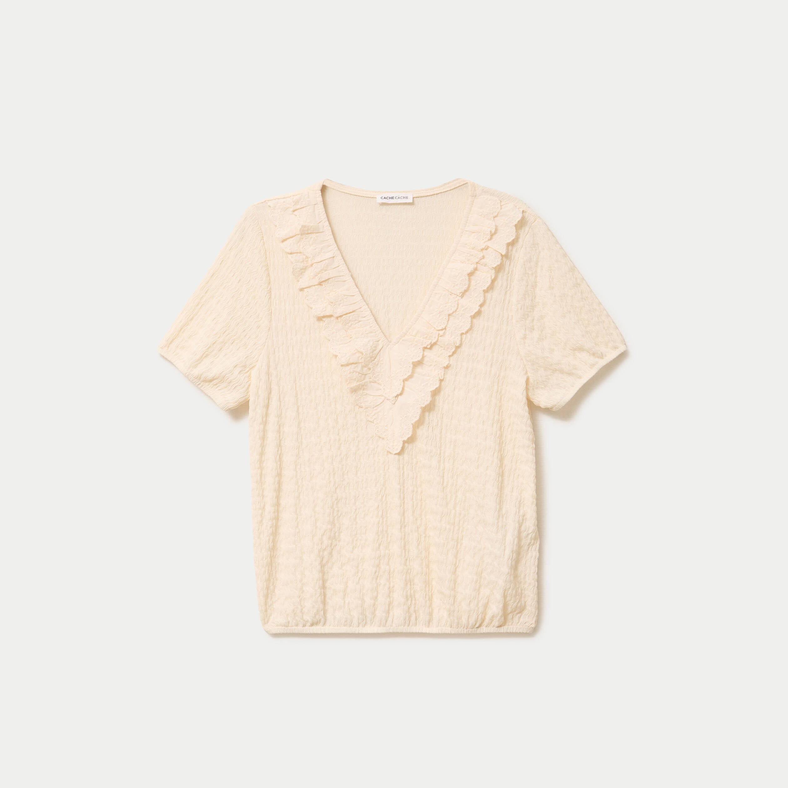 Blouse pliss&eacute;e col v manches courtes ecru femme