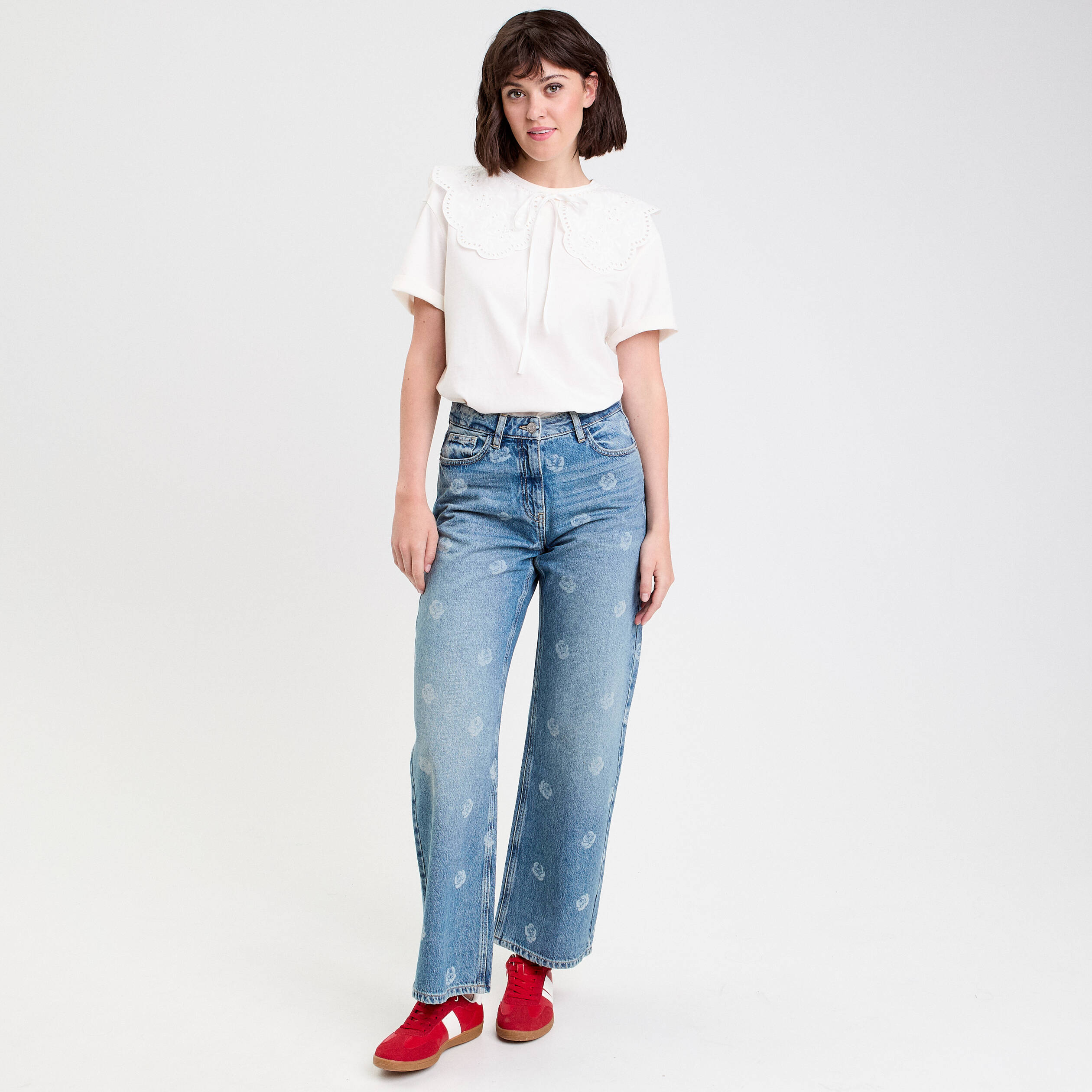 Jean wide leg imprim&eacute; denim double stone femme