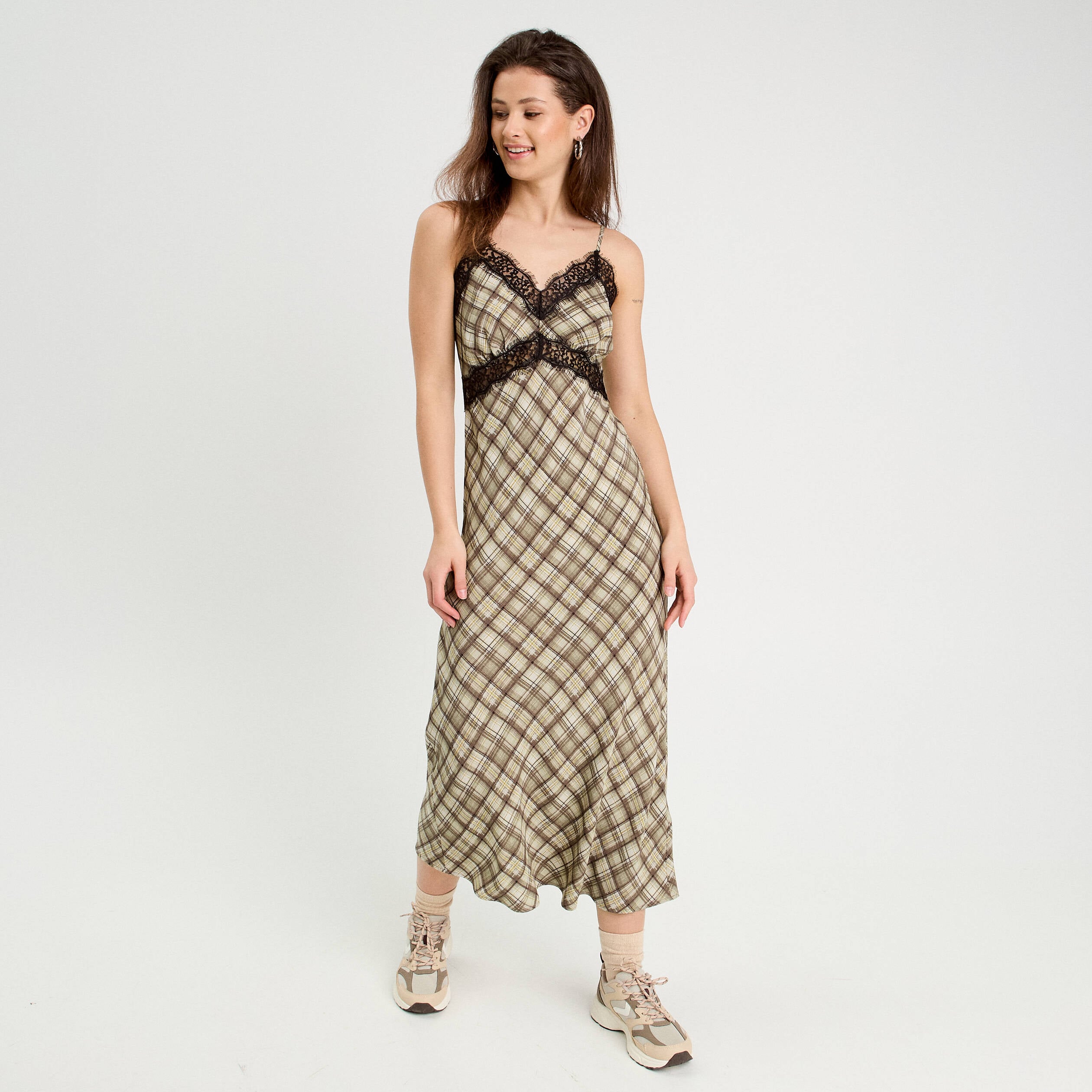 Robe longue droite bretelles vert kaki femme