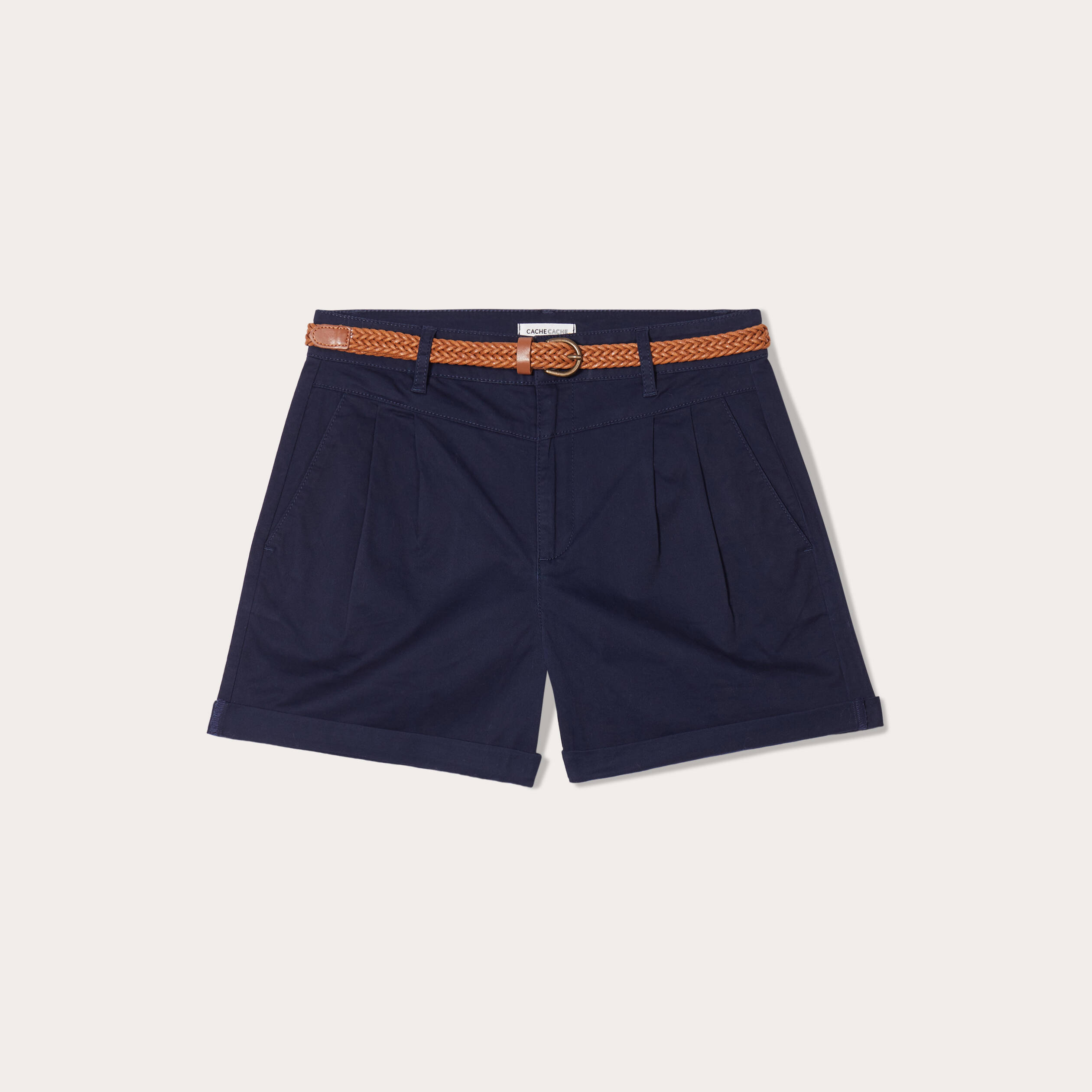 Short chino ceintur&eacute; bleu marine femme