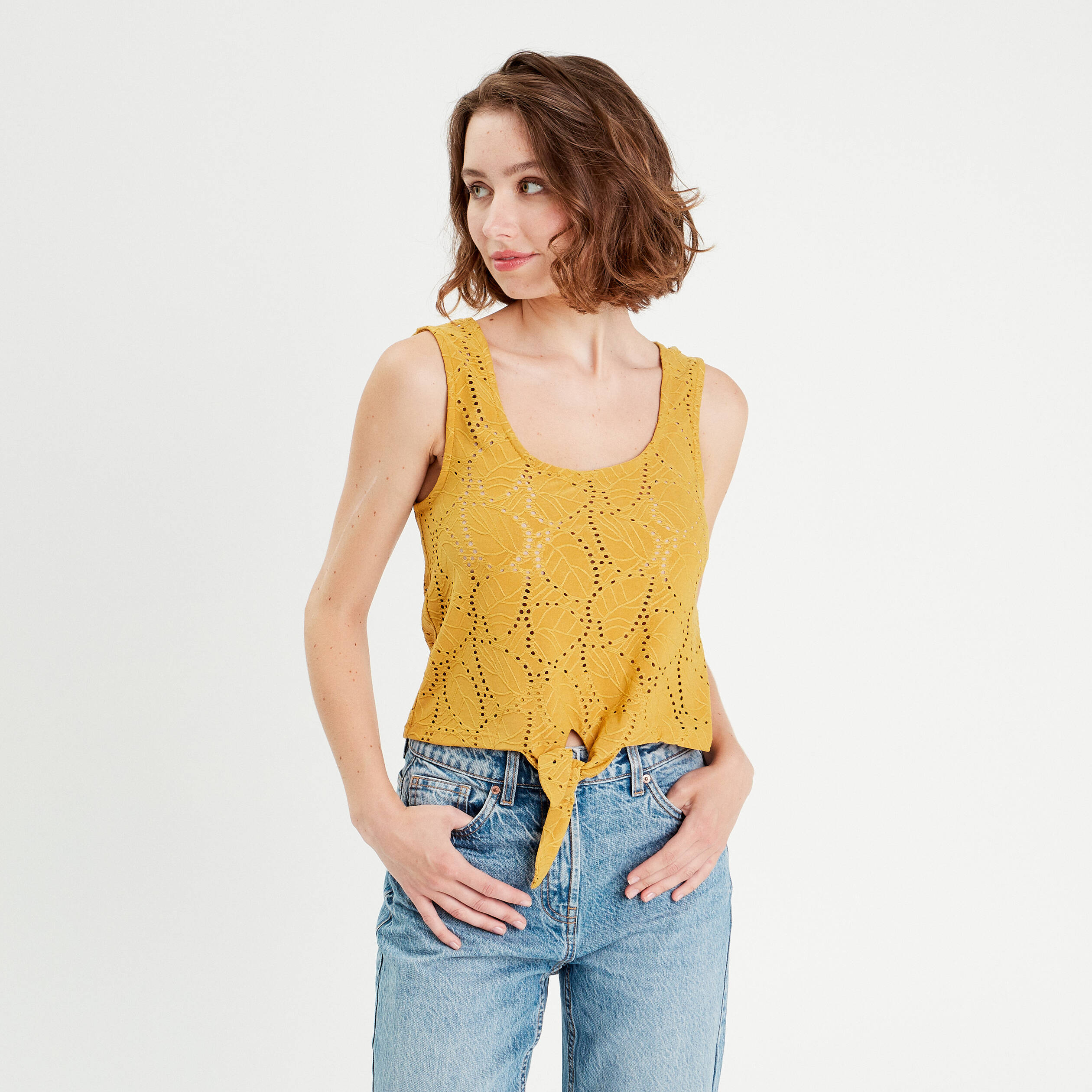 debardeur broderie anglaise jaune moutarde femme Débardeur broderie anglaise jaune moutarde femme
