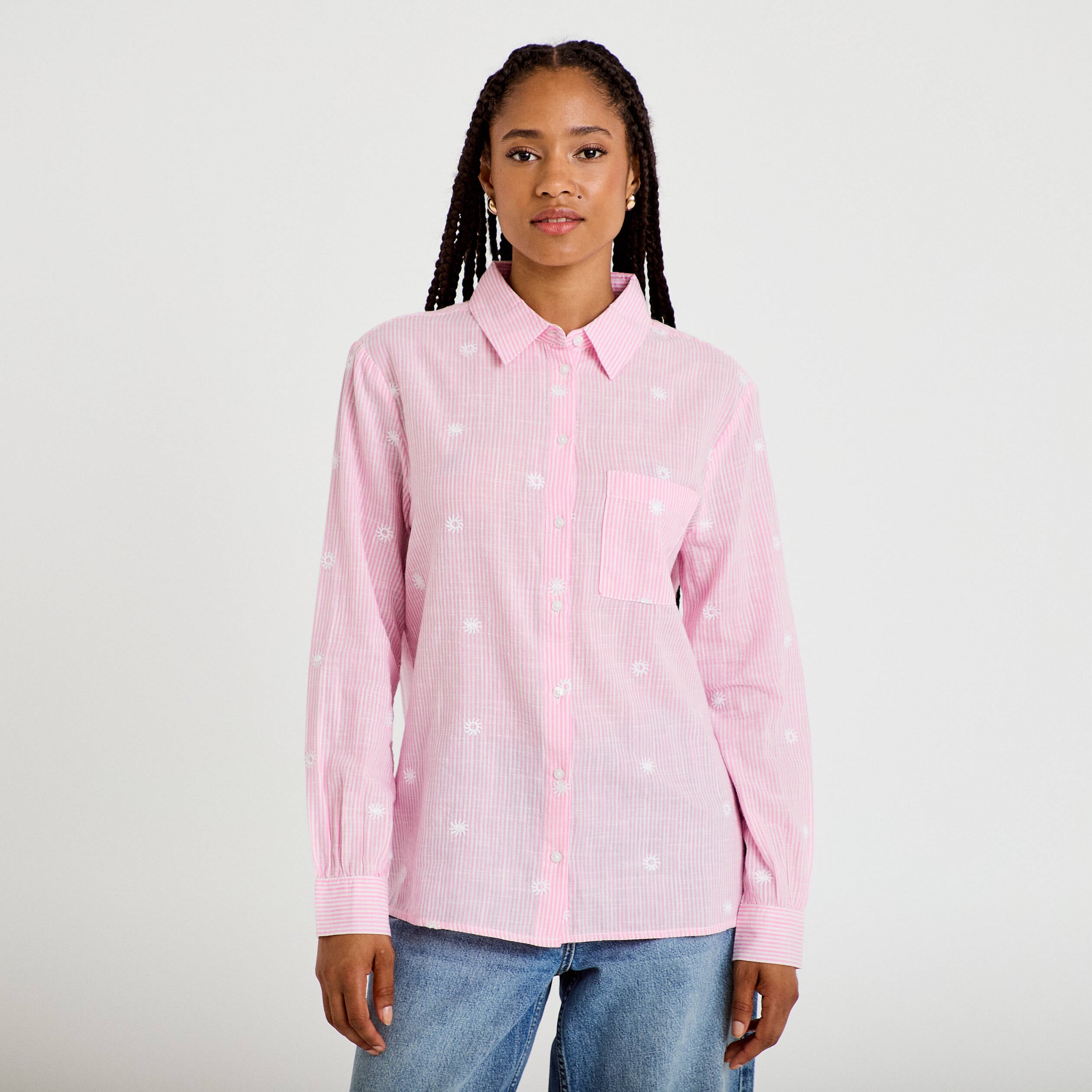 Chemise brod&eacute;e manches longues rose femme