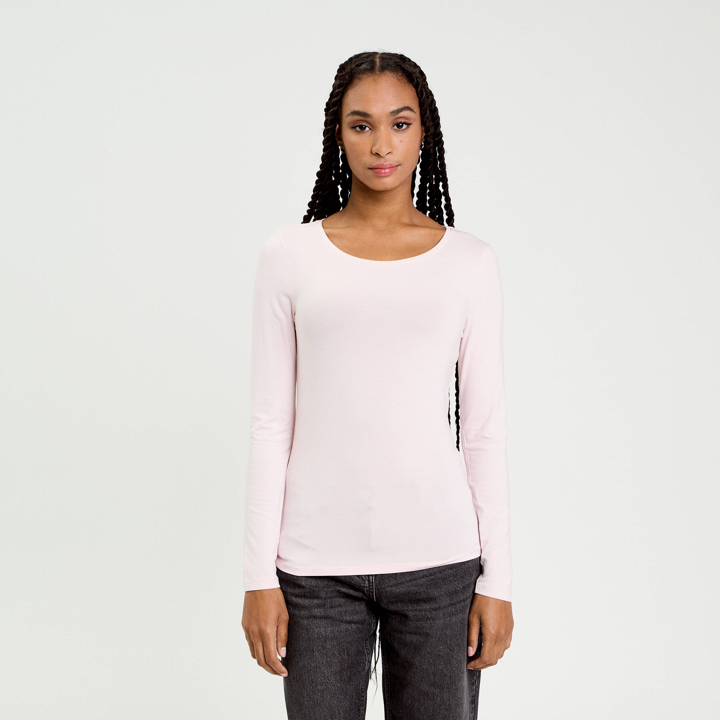 T-shirt uni &agrave; manches longues rose clair femme