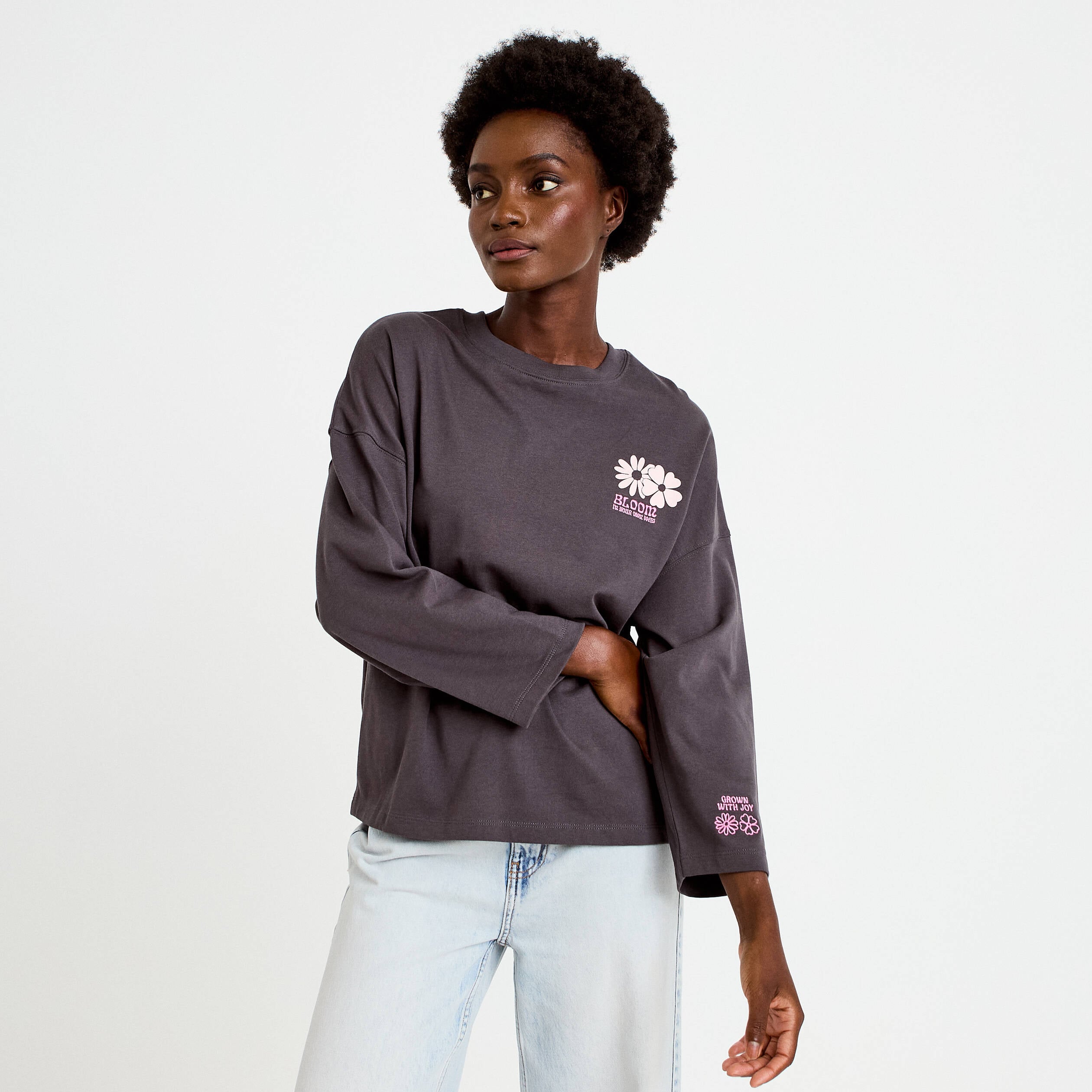 Sweat oversize col rond manches longues gris fonc&eacute; femme
