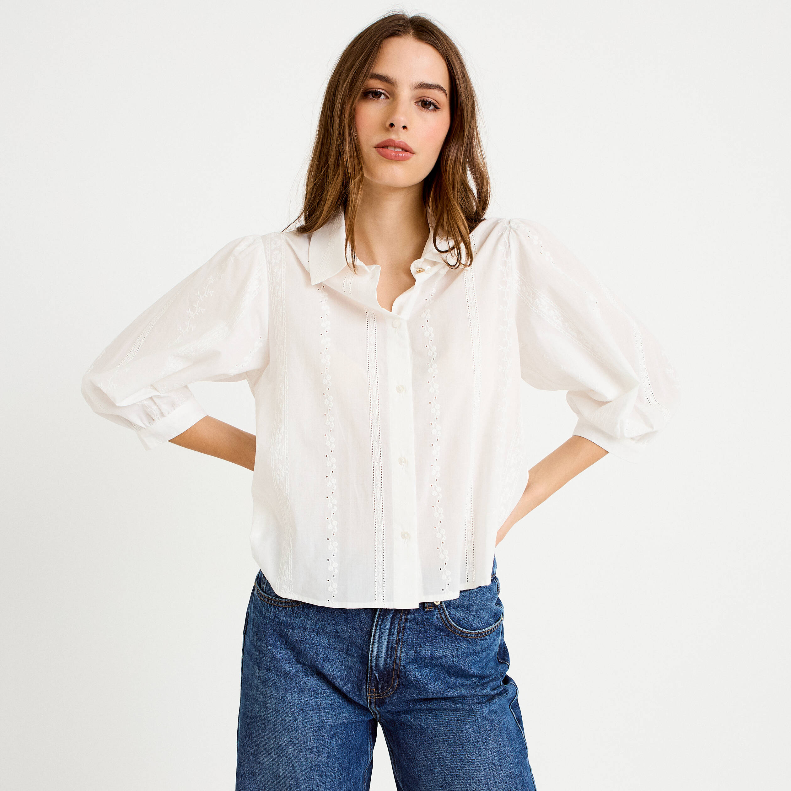 Chemise droite col classique manches 3/4 ecru femme