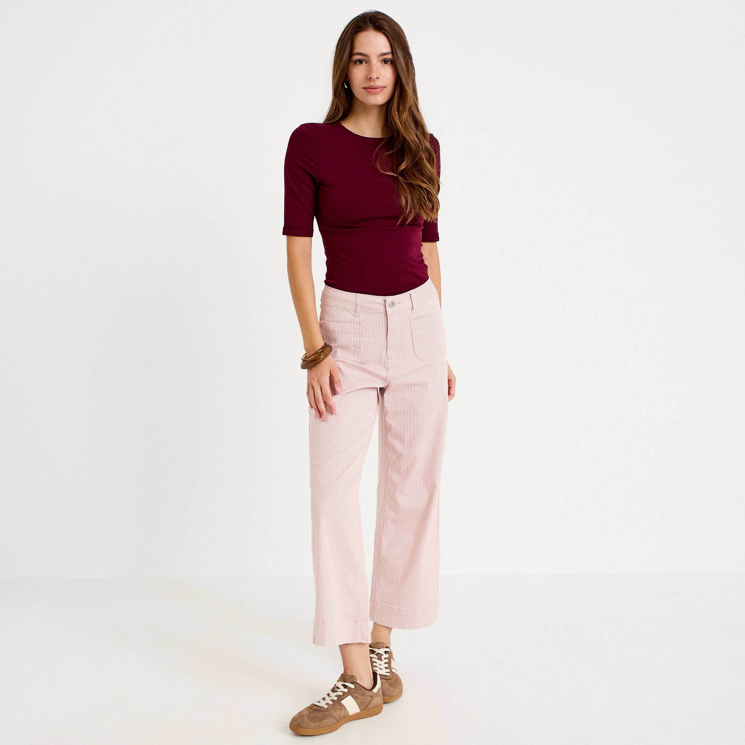 Jean flare cropped taille haute rose nude femme