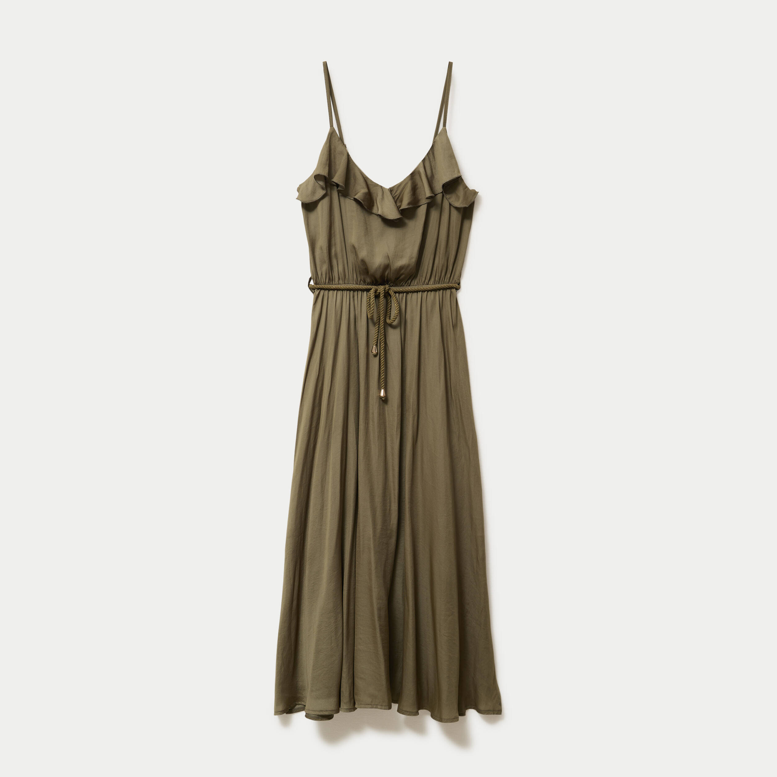 Robe longue &eacute;vas&eacute;e col v bretelles vert kaki femme