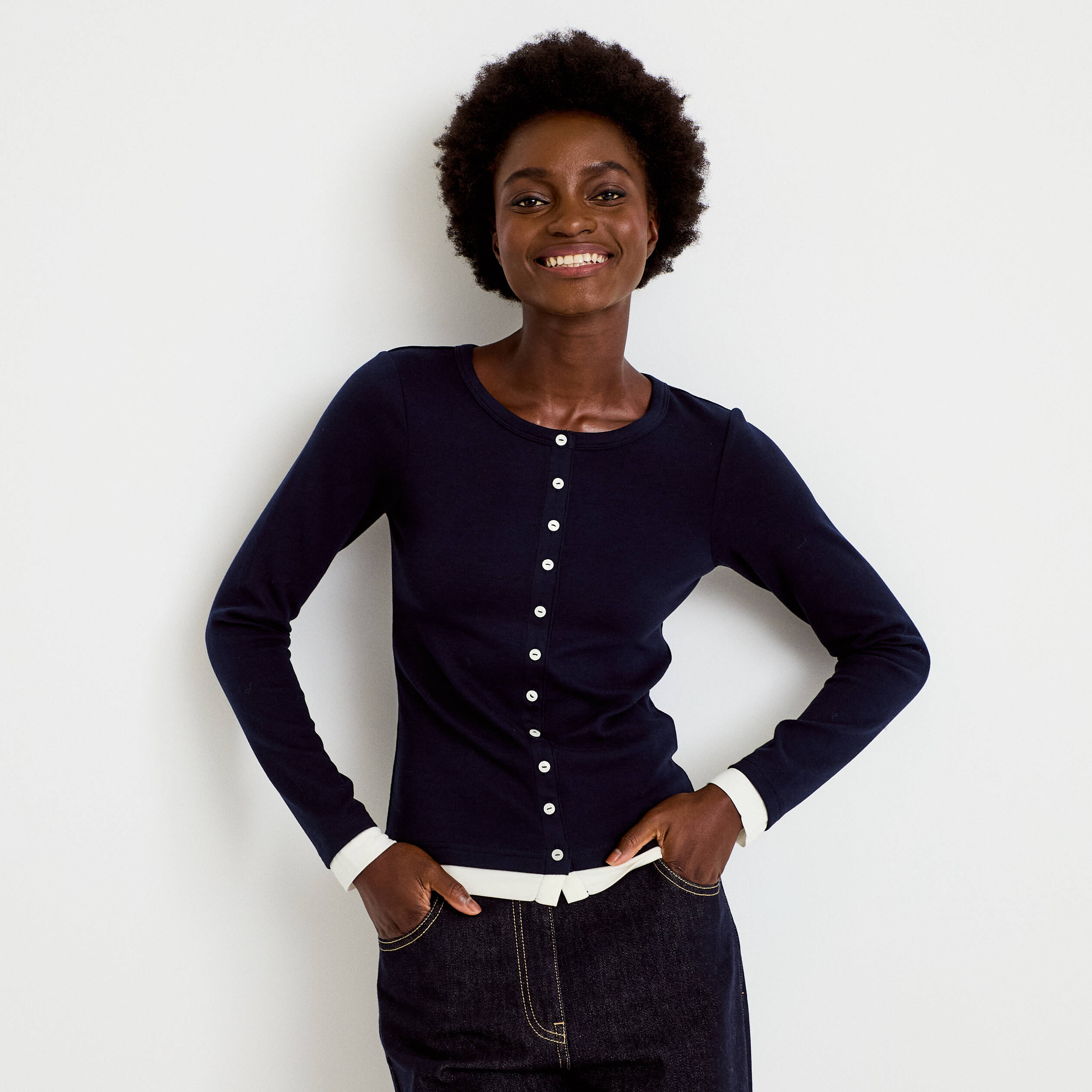 Top col rond manches longues bleu marine femme