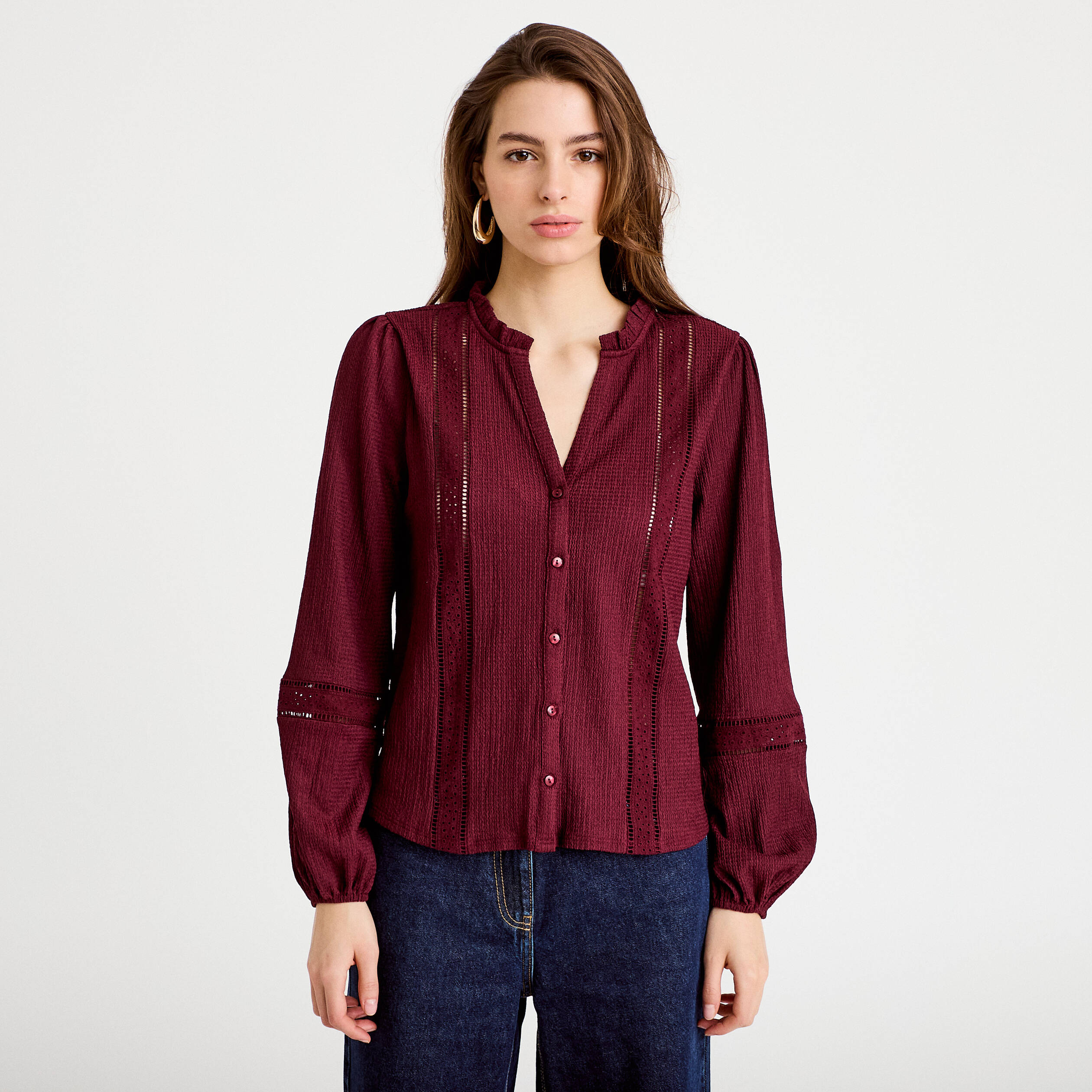 Blouse broderie col V manches longues bordeaux femme
