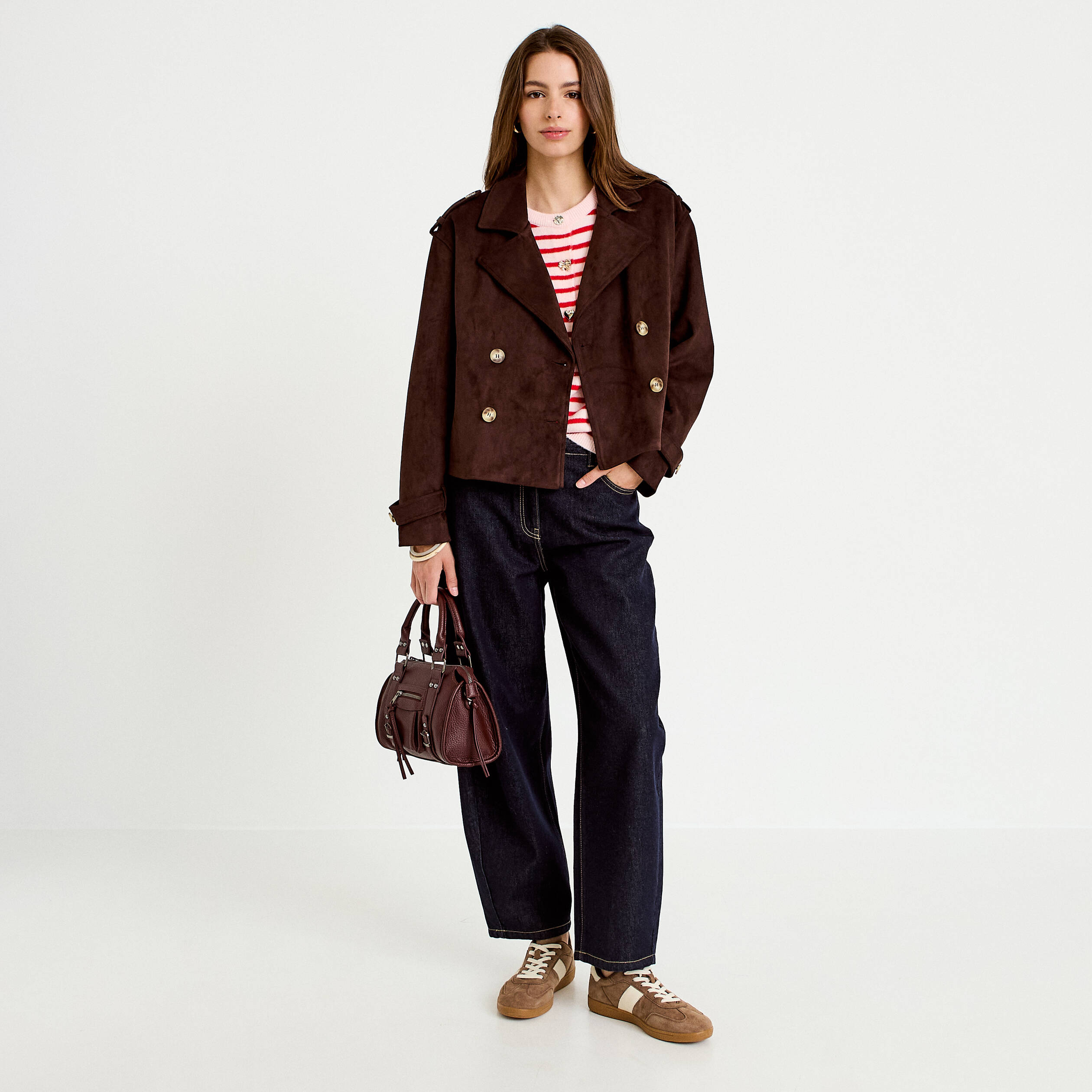 Trench droit manches longues aspect daim marron chocolat femme