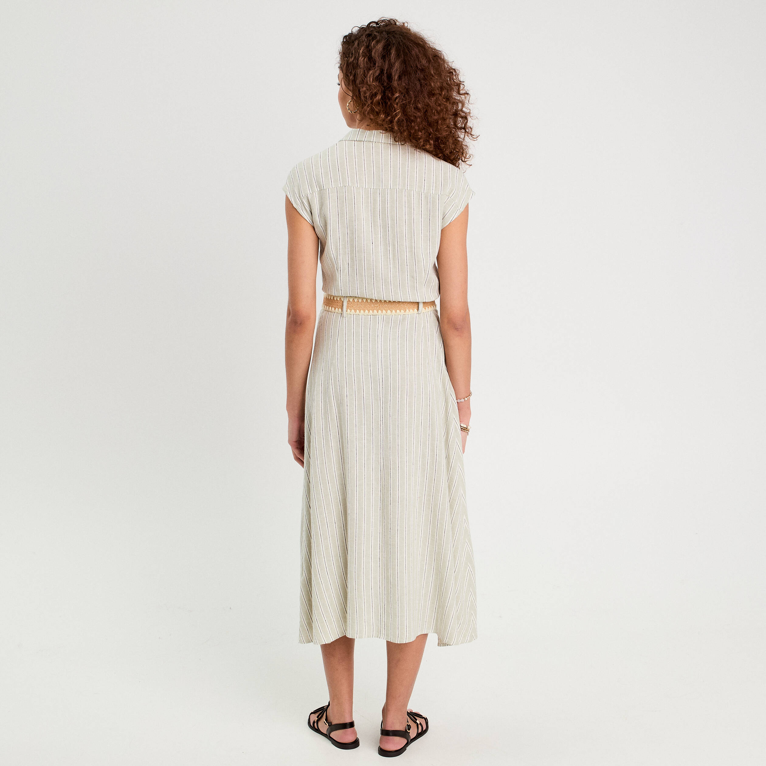 Robe chemise midi contenant du lin vert femme