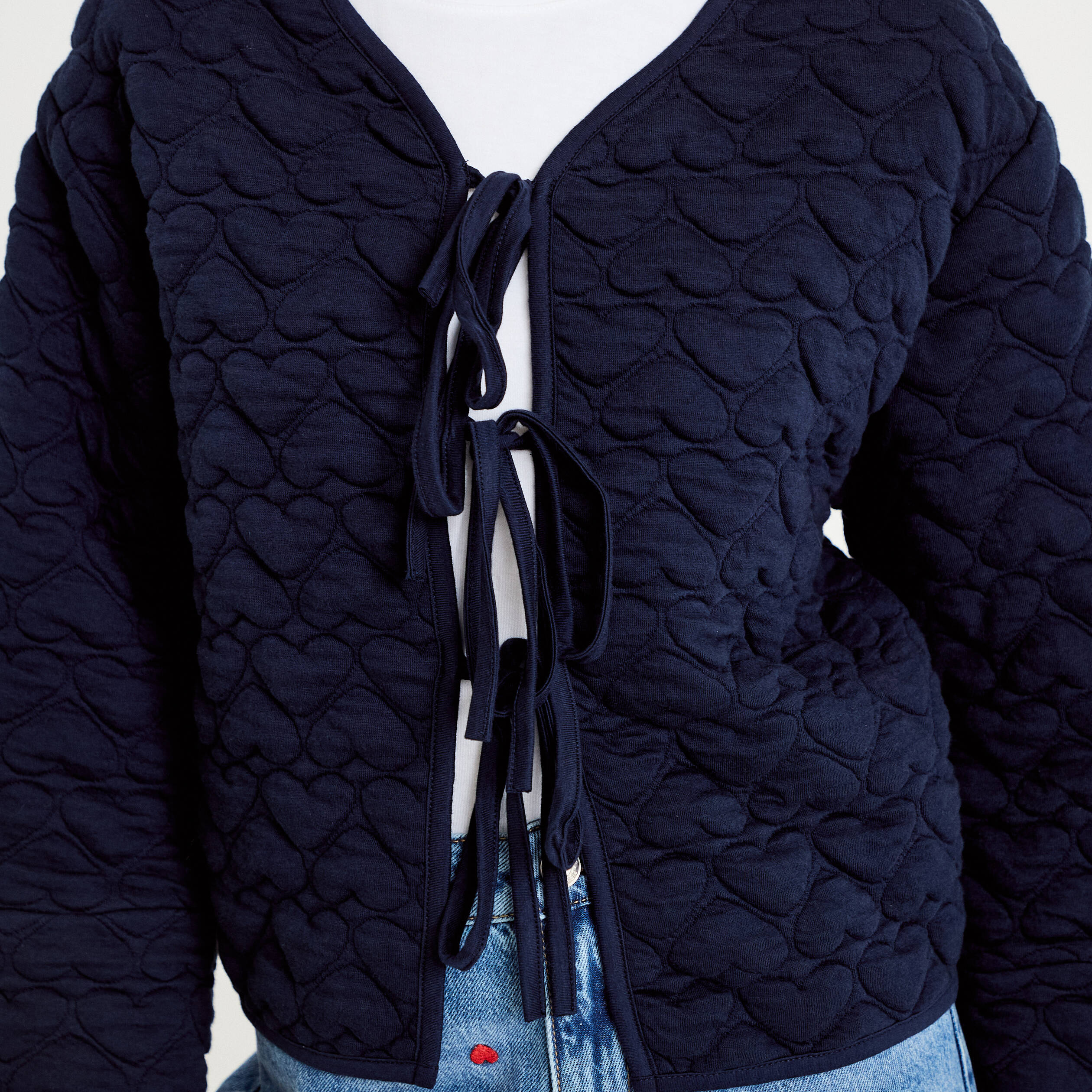 Gilet droit col v manches longues bleu marine femme