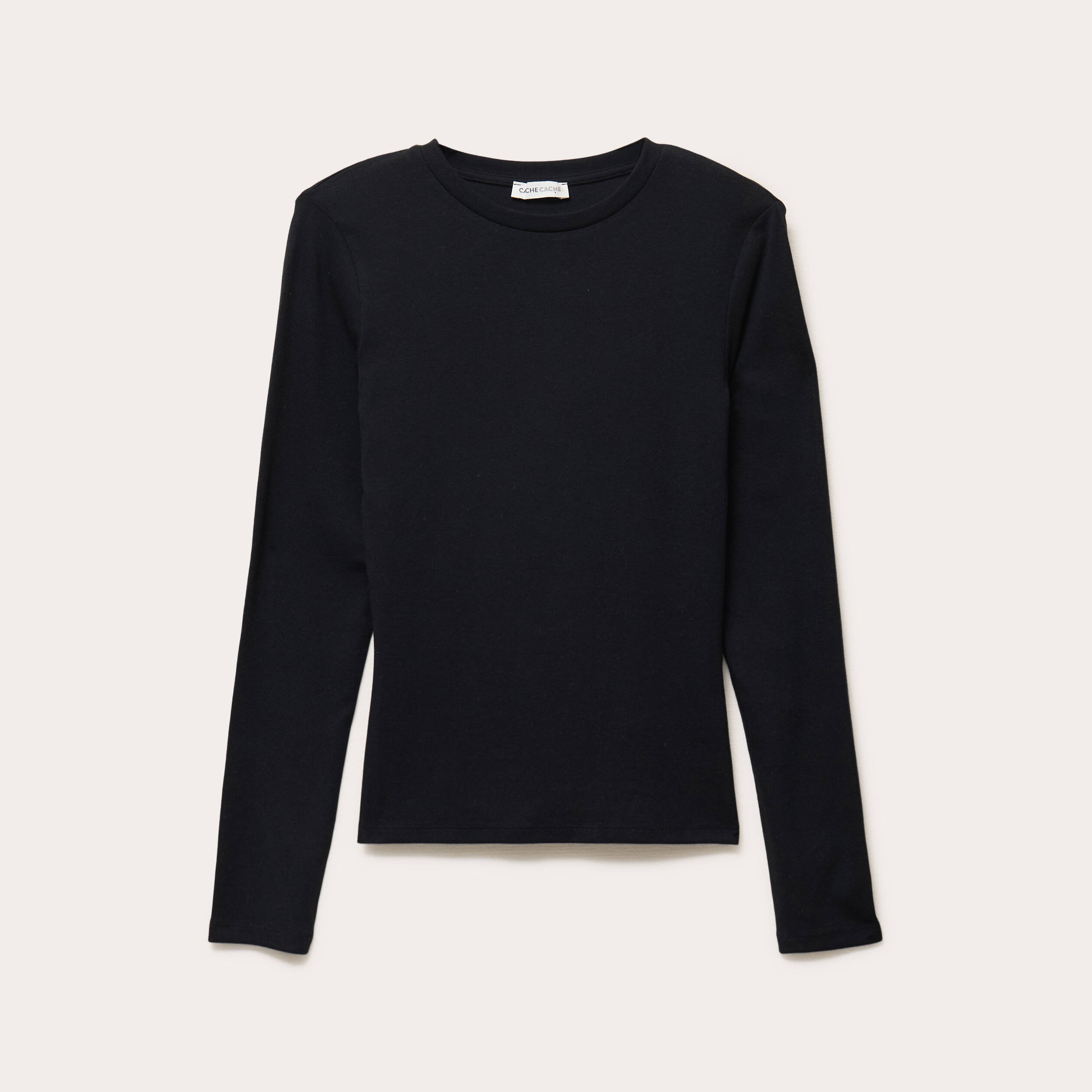 T-shirt cintr&eacute; col rond manches longues noir femme