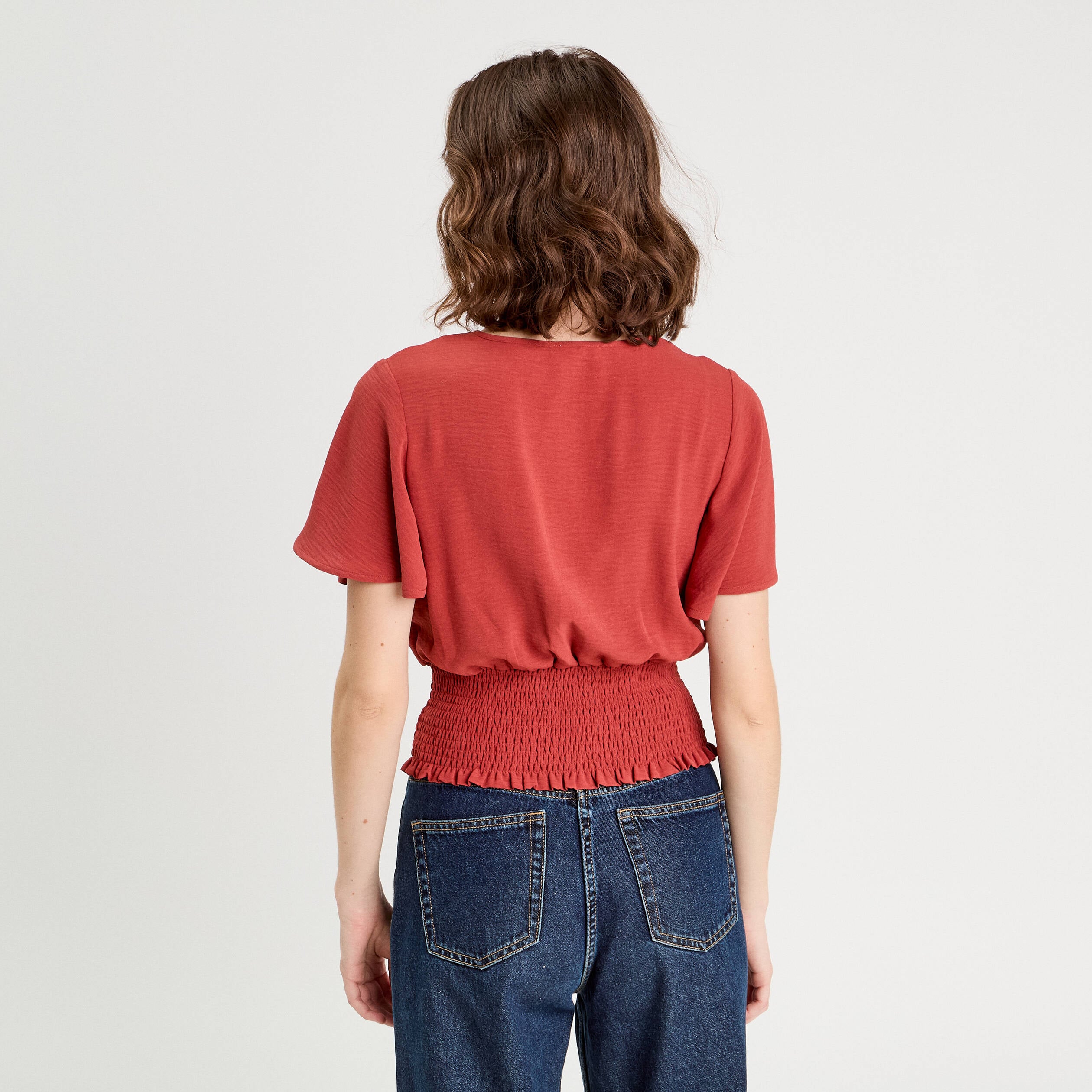 Blouse smock&eacute;e manches courtes vieux rose femme
