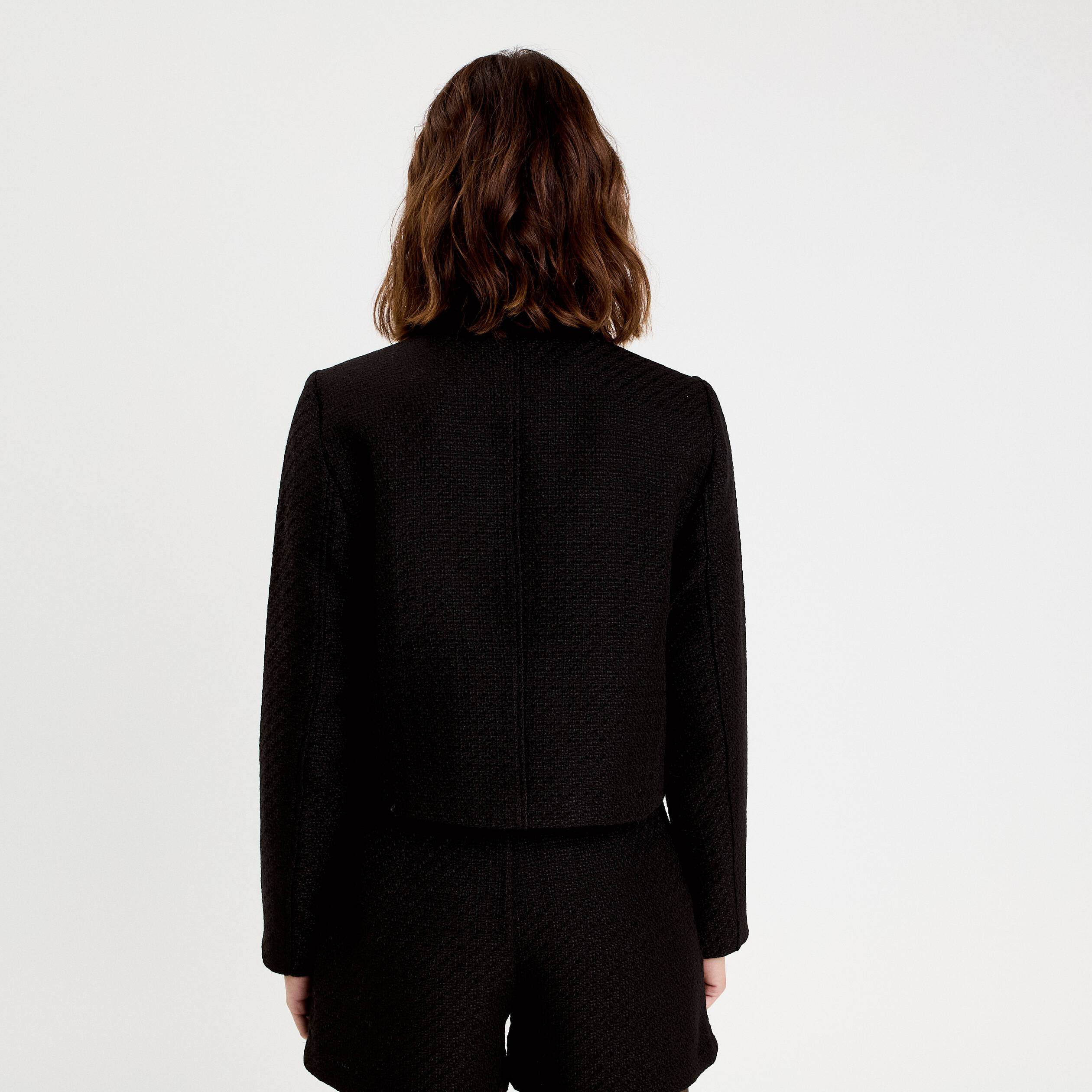 Veste droite cropped en tweed noir femme