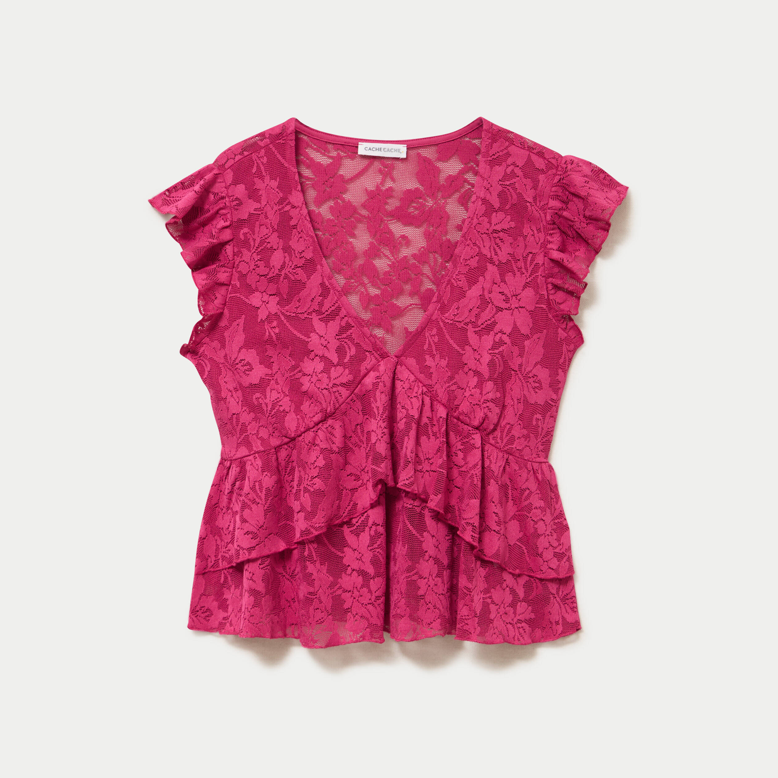 Blouse manches courtes aspect dentelle prune femme