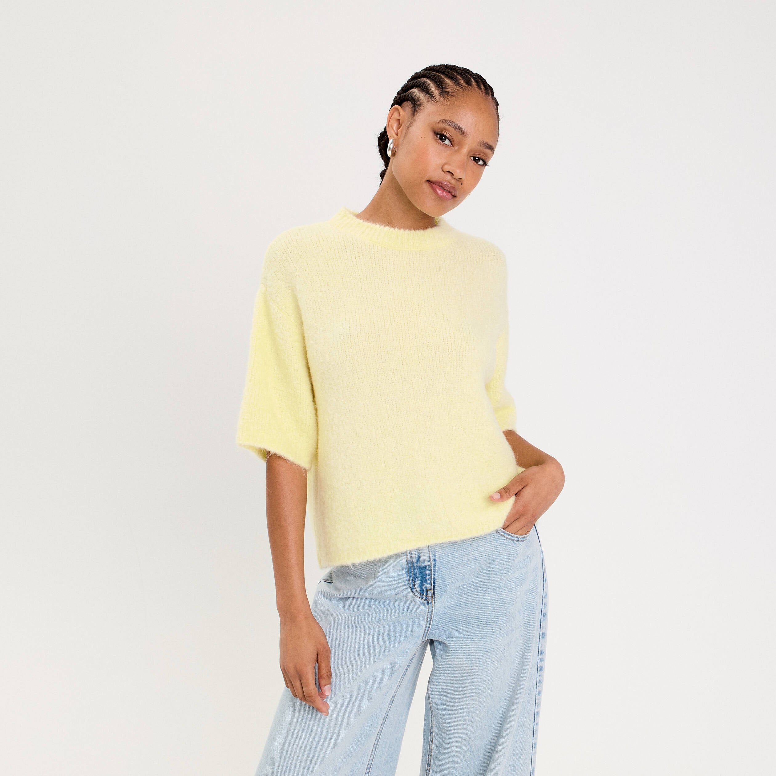Pull manches courtes jaune clair femme