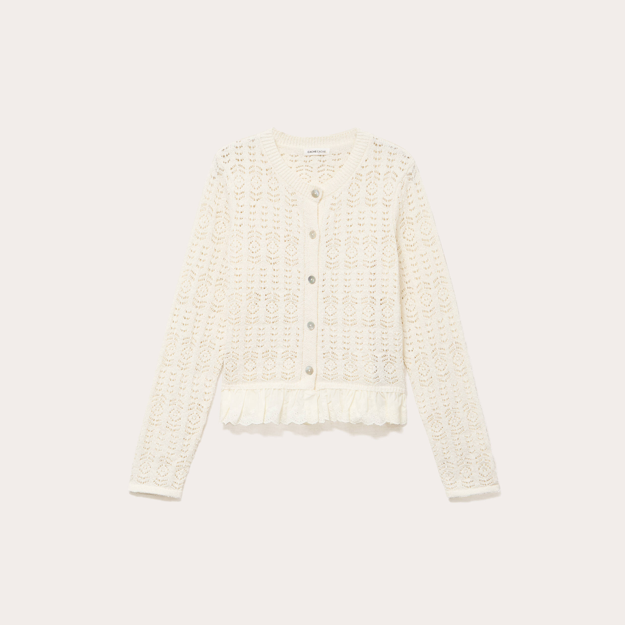 Gilet manches longues col rond dentelle ecru femme