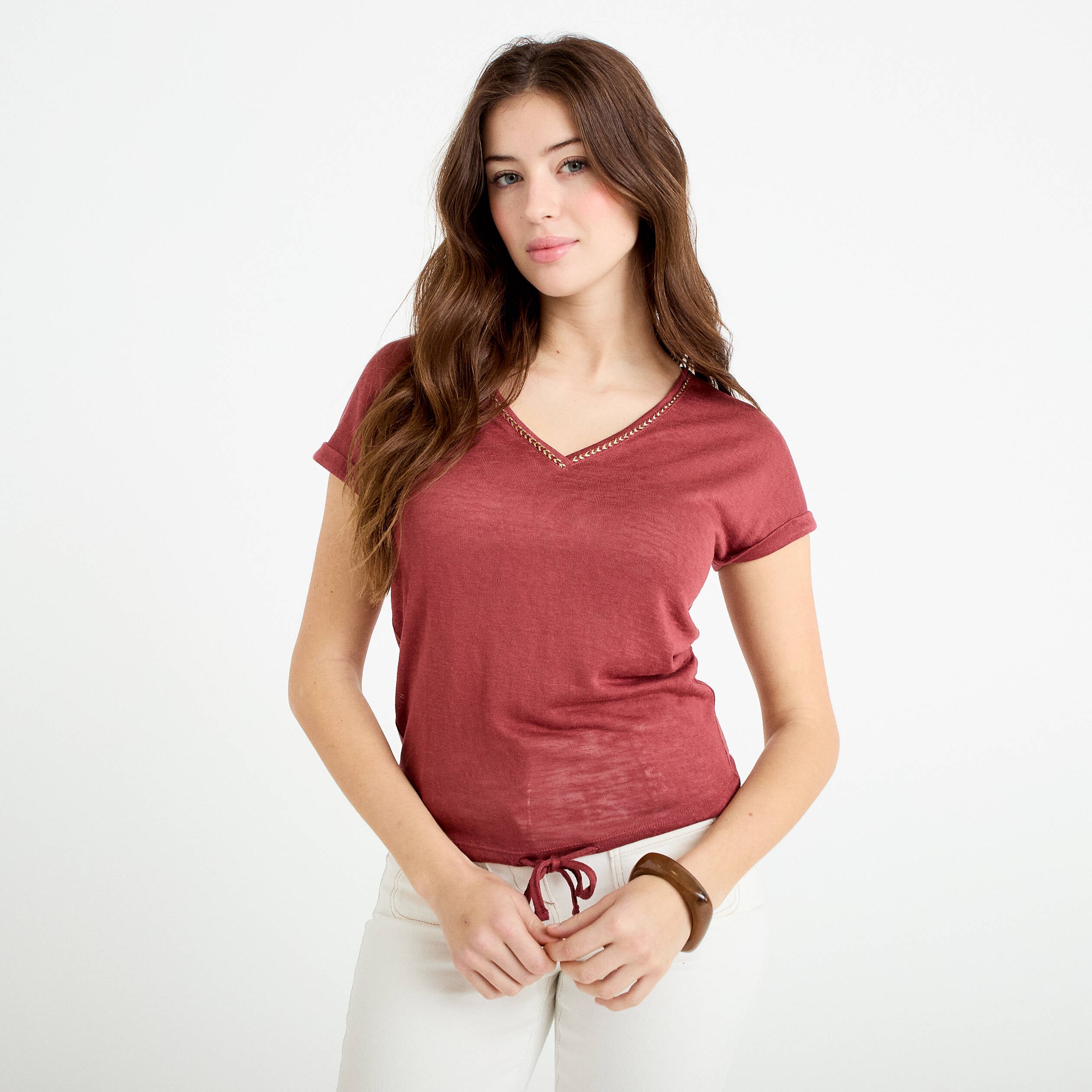 T-shirt d&eacute;tail noeud vieux rose femme