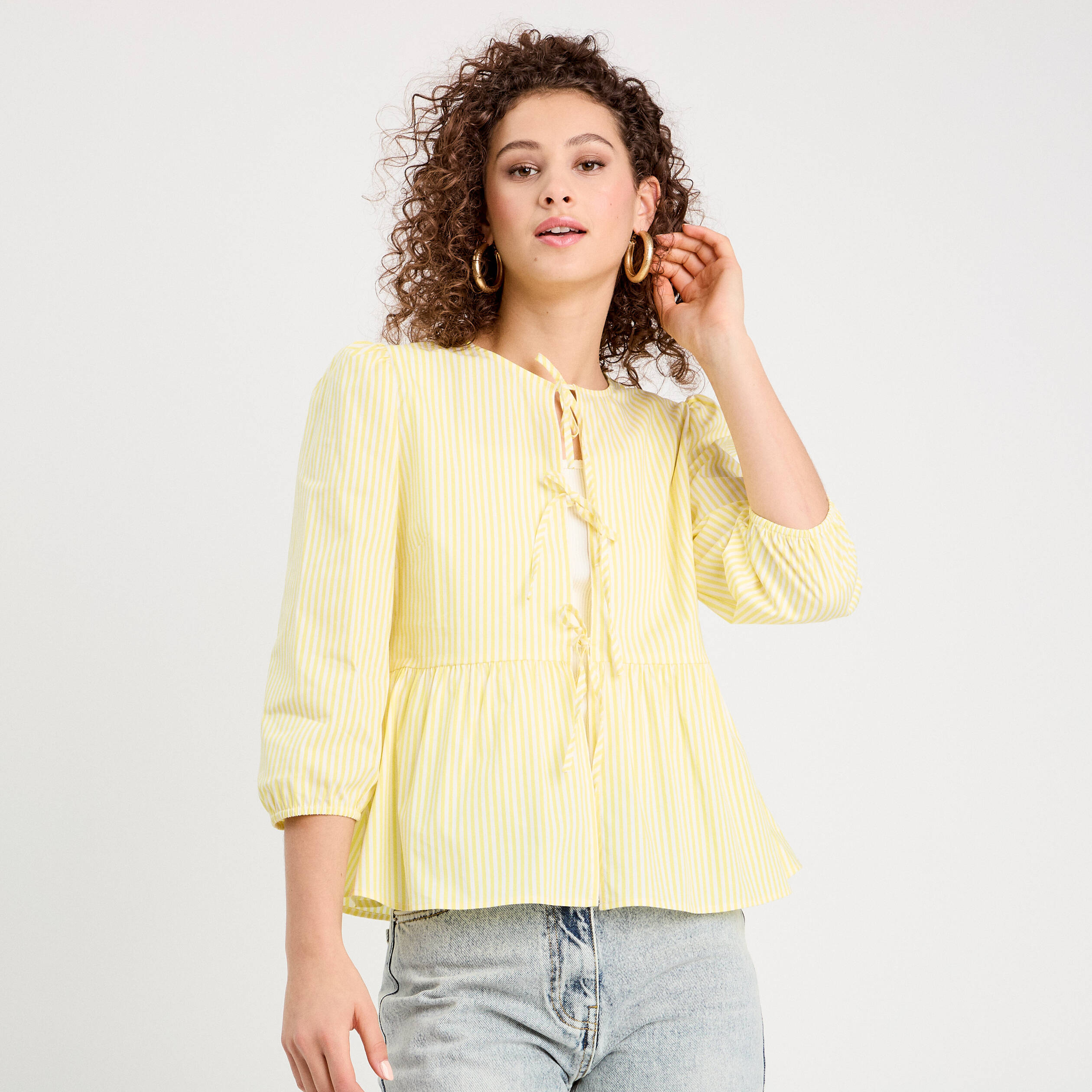 Blouse manches 3/4 nouée jaune moutarde femme