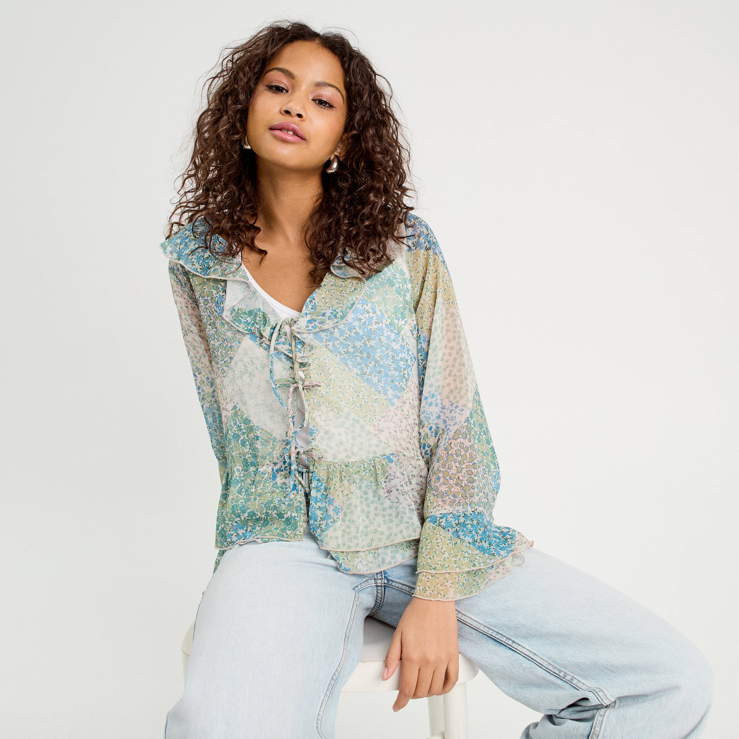 Blouse nouée manches longues bleu pastel femme