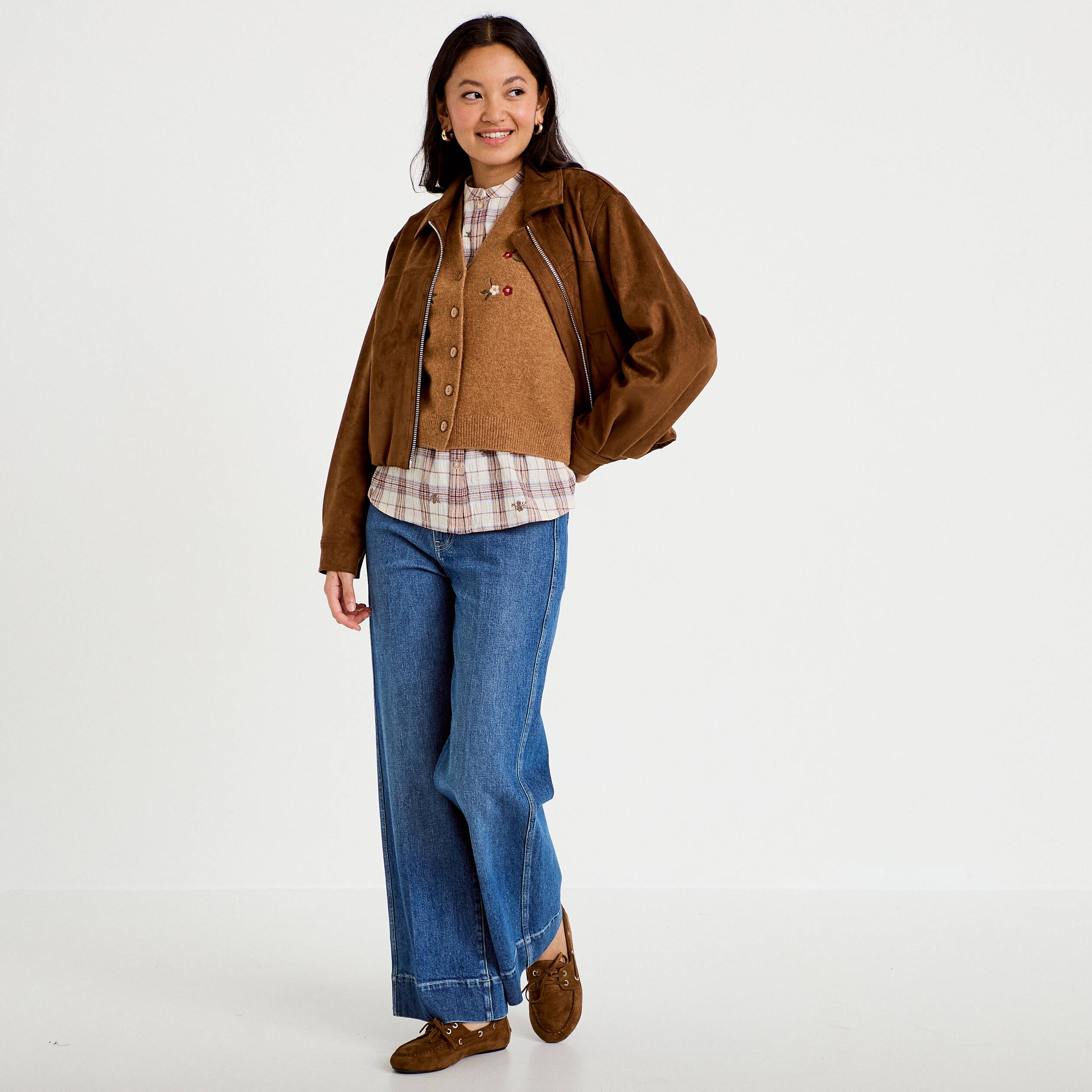 Gilet sans manches col v broderie marron femme