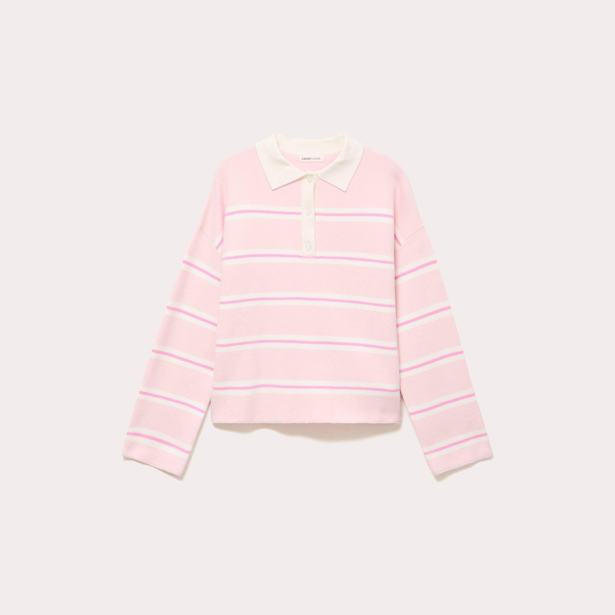 Polo manches longues col chemise rose poudr&eacute;e femme