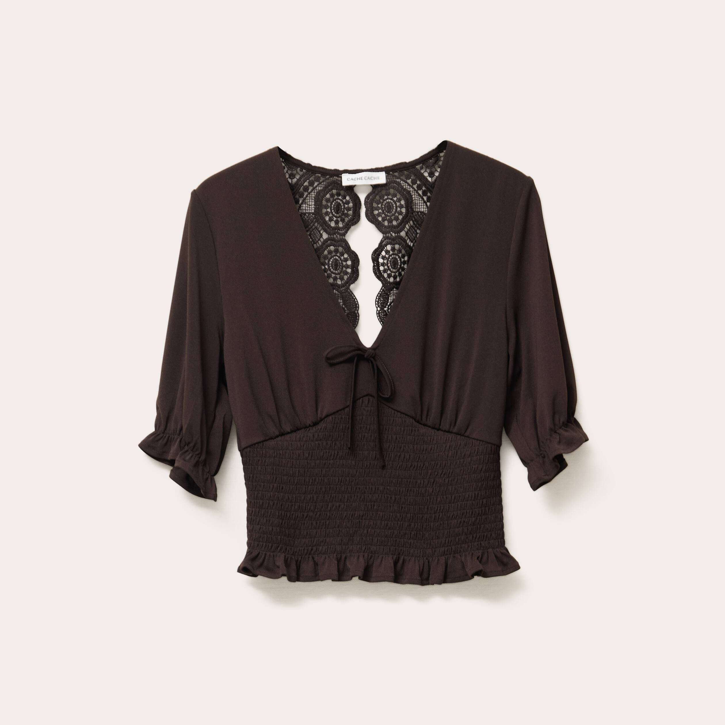 blouse manches courtes smockee marron fonce femme Blouse manches courtes smockée marron foncé femme